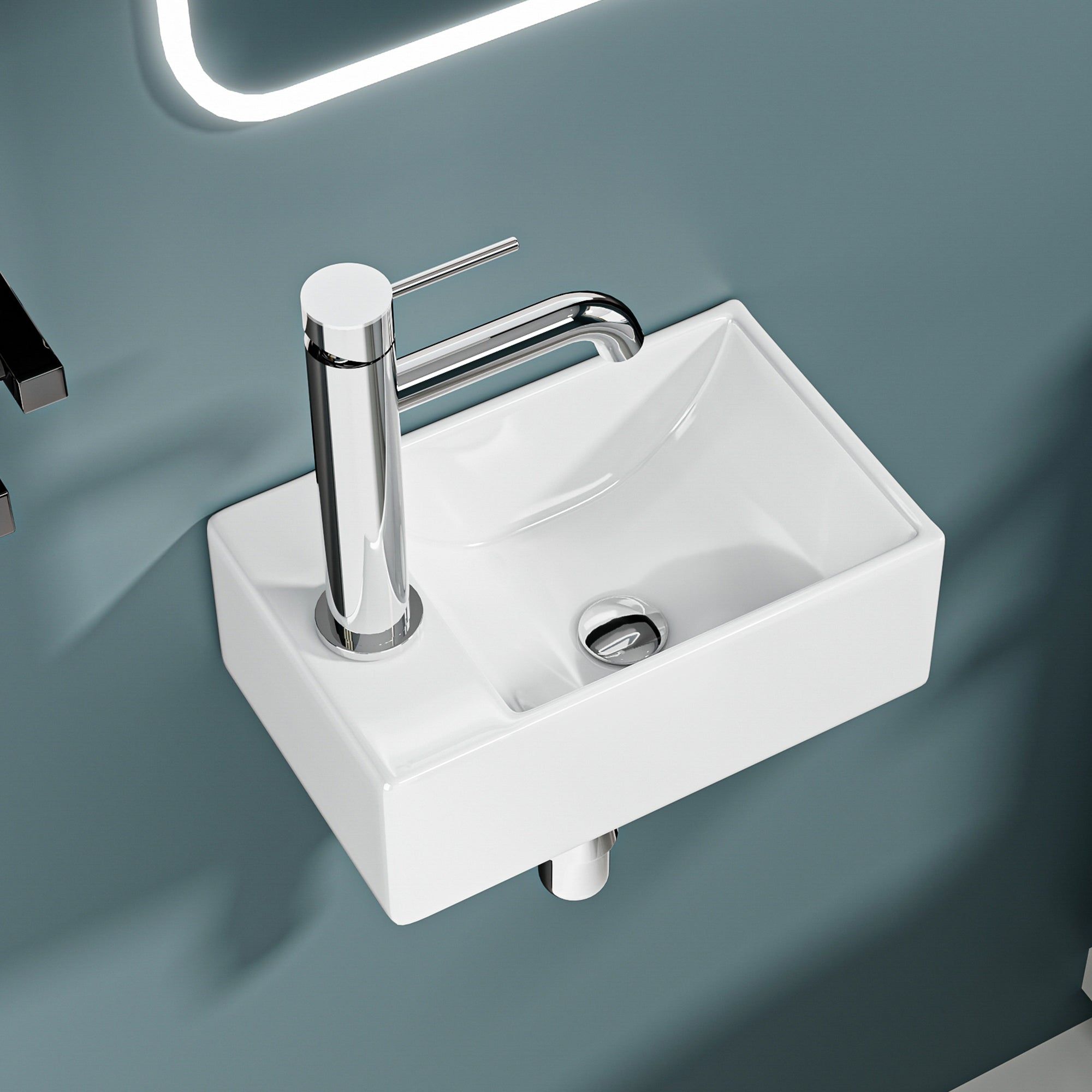 Mini lave-mains mural blanc avec robinet chromé, 30 x 19 x 11 cm