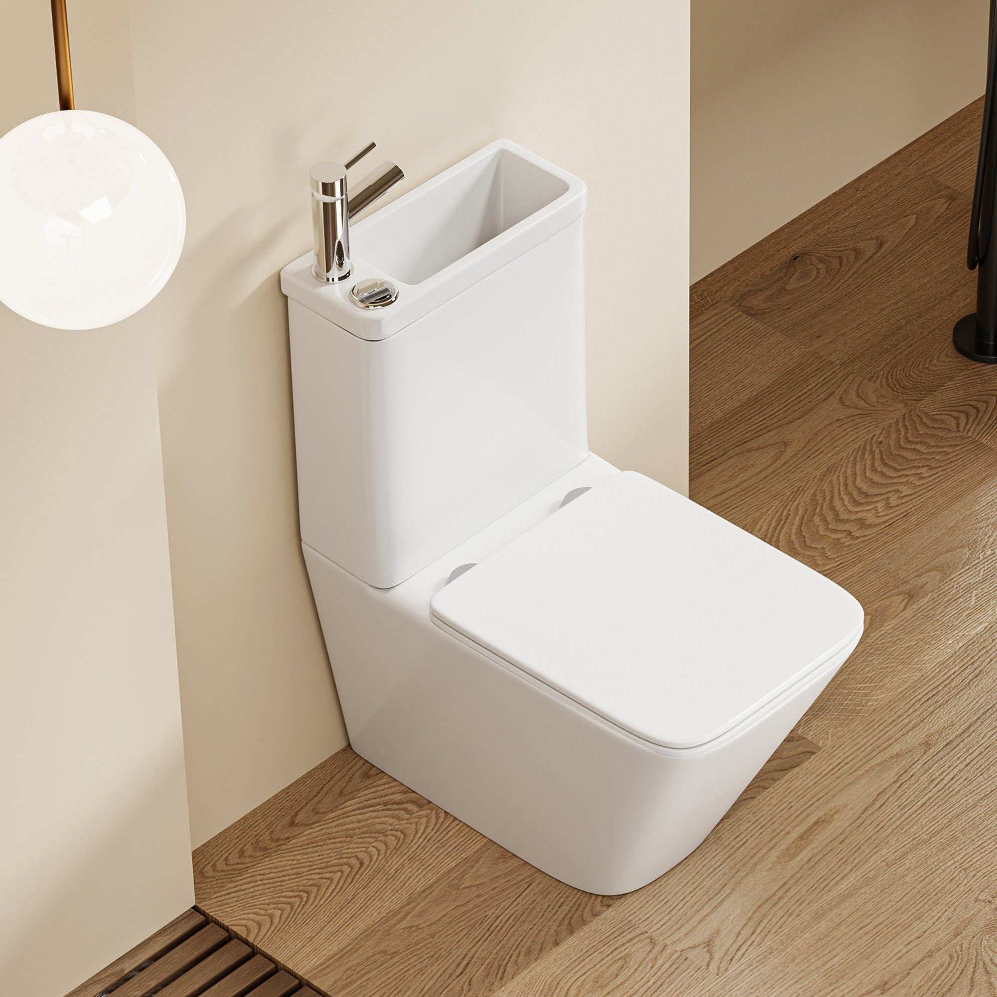 WC 2 en 1 Blanc : WC carré blanc moderne et lavabo intégré combinés