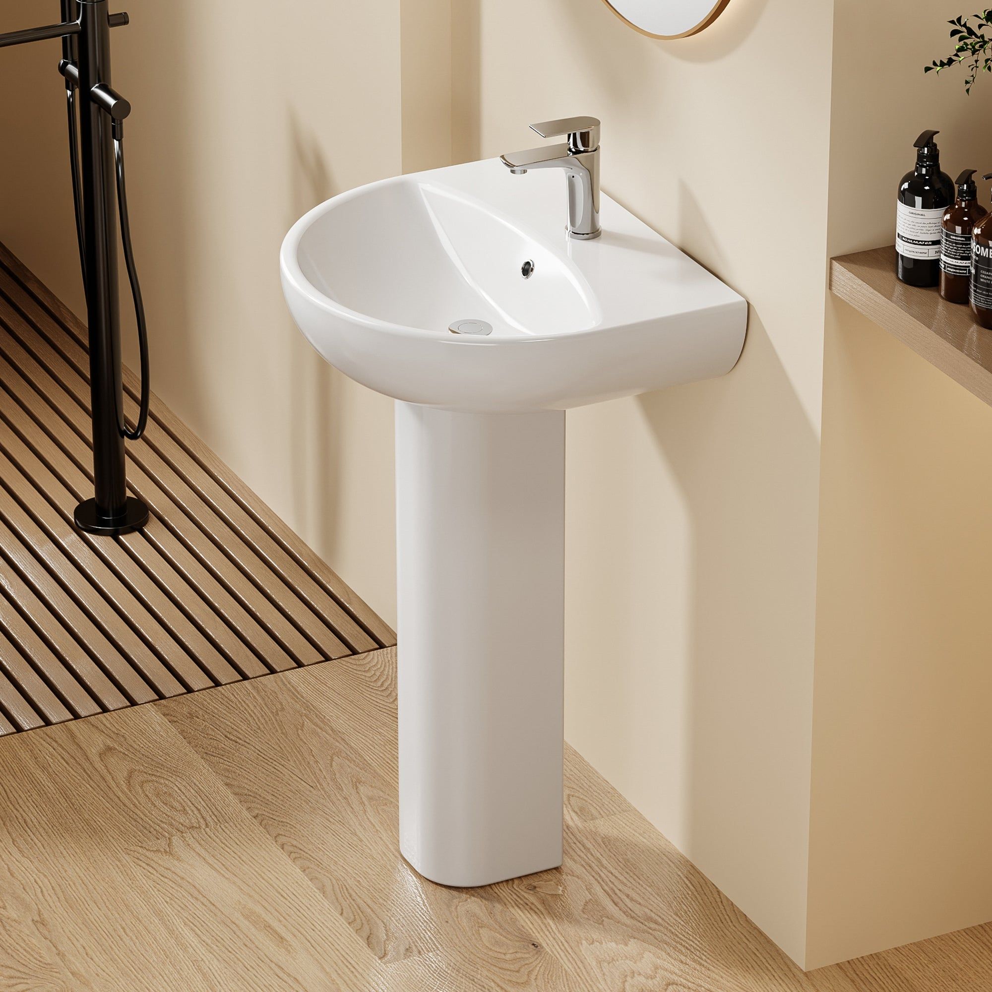 Lavabo sur pied colonne en céramique blanche au design arrondi moderne