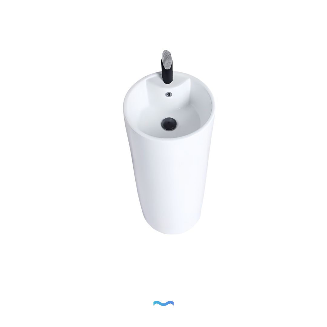 Lavabo Totem Design Arrondi et Épuré Blanc: Elegant white cylindrical pedestal sink with a modern, minimalist design.