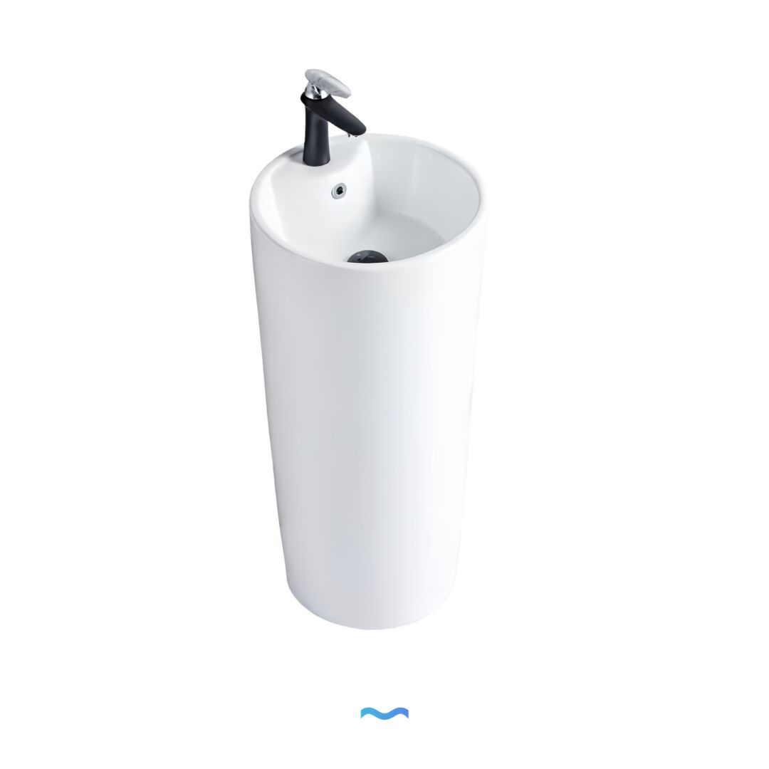Lavabo Totem Design Arrondi et Épuré Blanc : Élégant lavabo sur pied en céramique blanche au design moderne et arrondi.