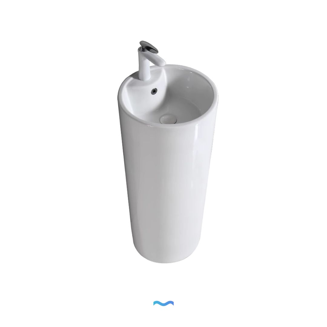 Lavabo Totem Design Arrondi et Épuré Blanc : Élégant lavabo sur pied en céramique blanche avec une vasque ronde et un robinet chromé élégant.