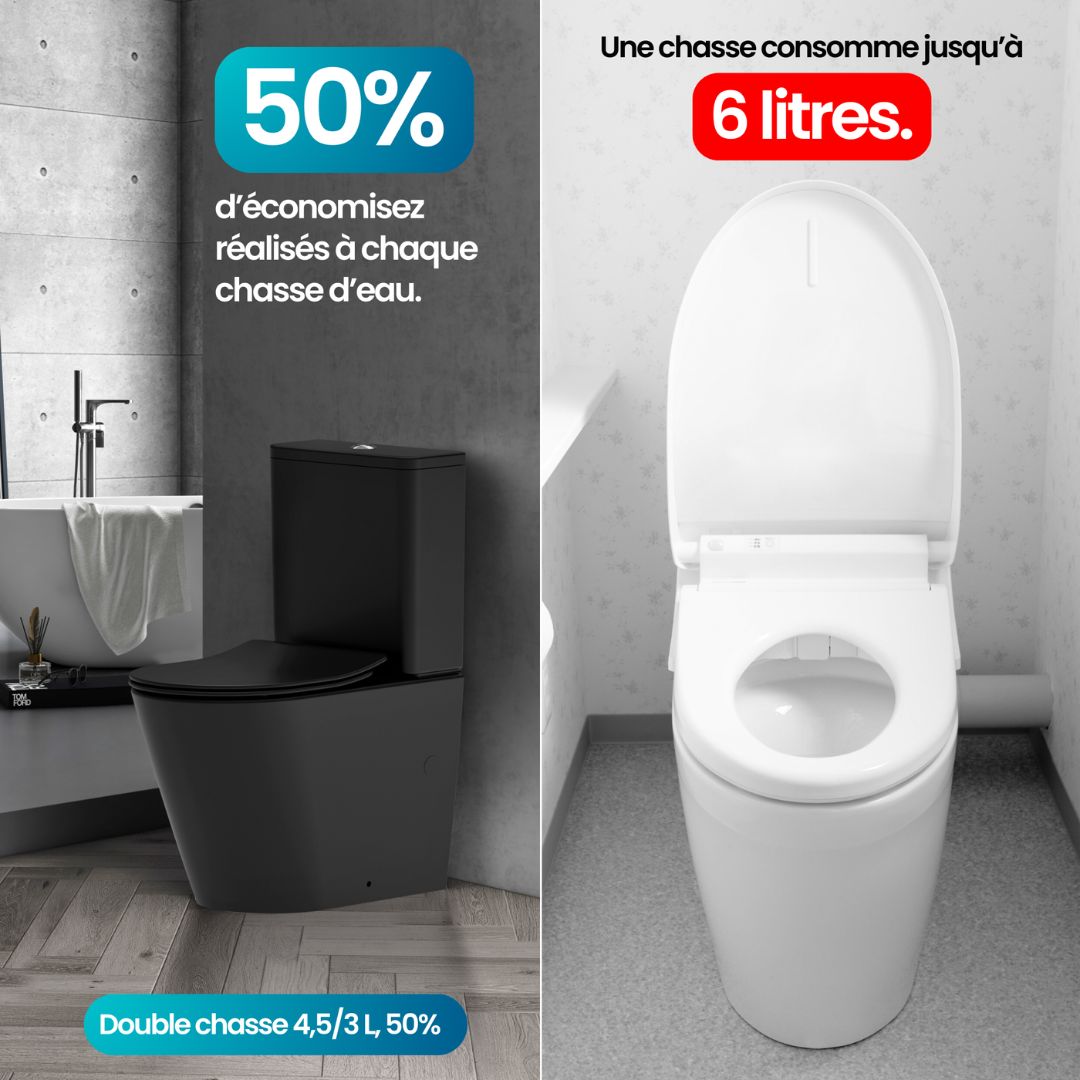 WC Noir Mat à poser : Élégant WC sur pied noir mat avec système à double chasse pour économiser l'eau.