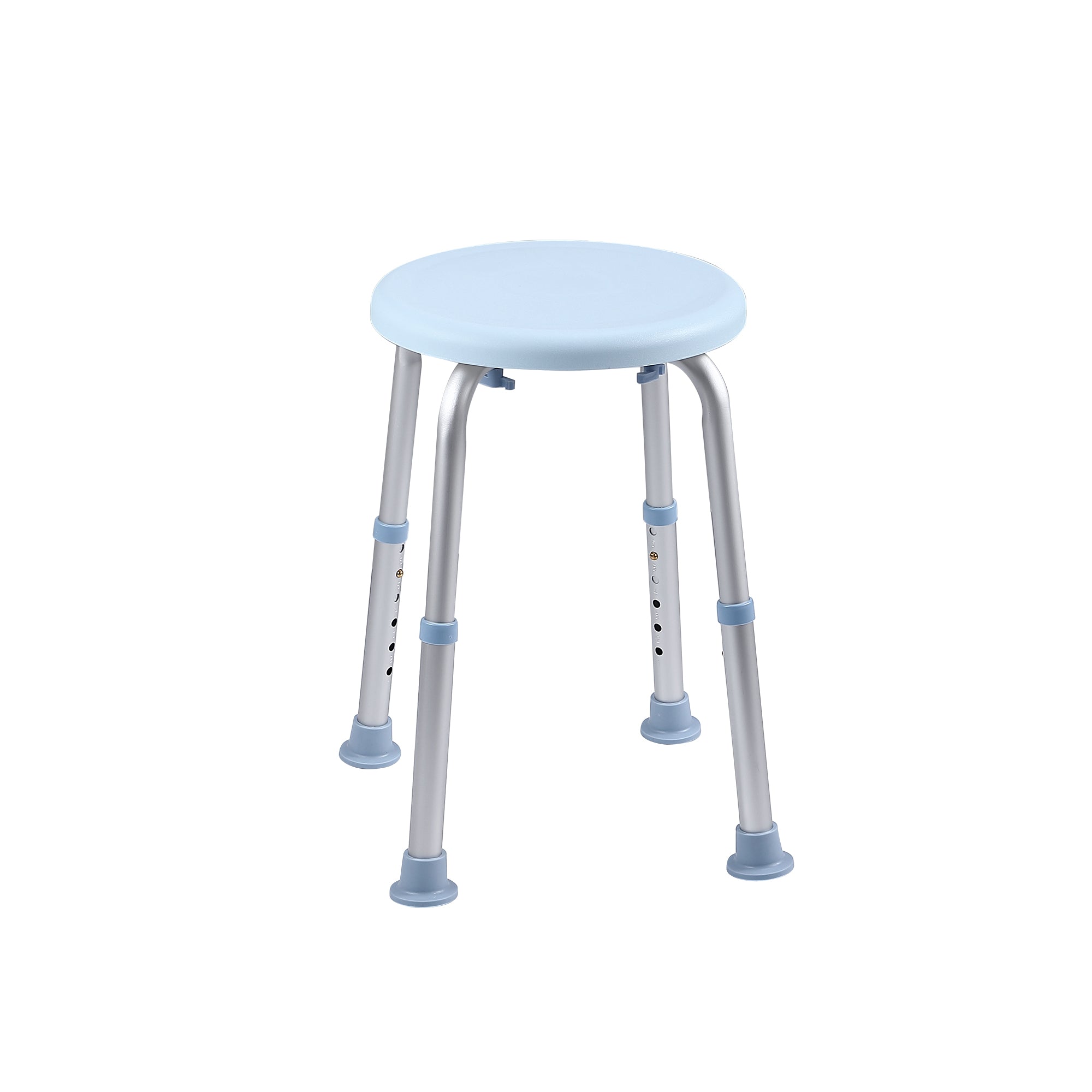 Tabouret de douche réglable avec siège bleu clair et cadre argenté, idéal pour la sécurité de la salle de bain.