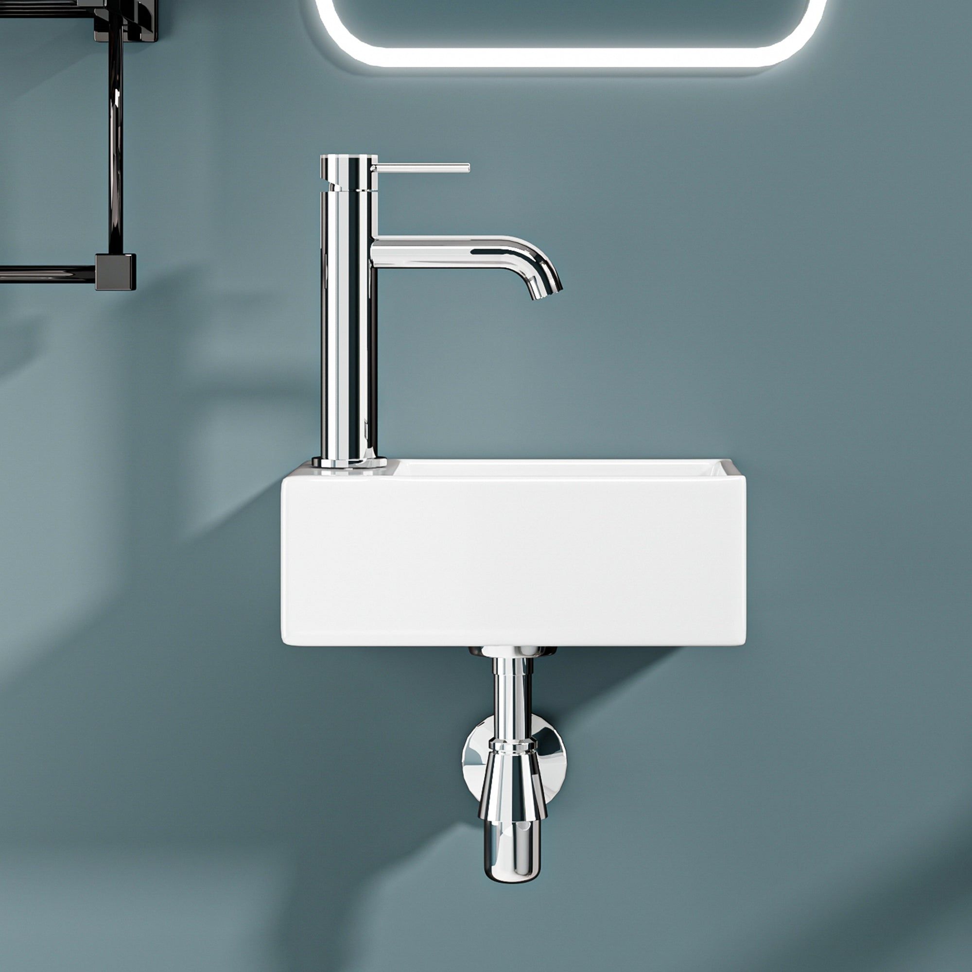 Mini lavabo mural en céramique blanche, robinet chromé