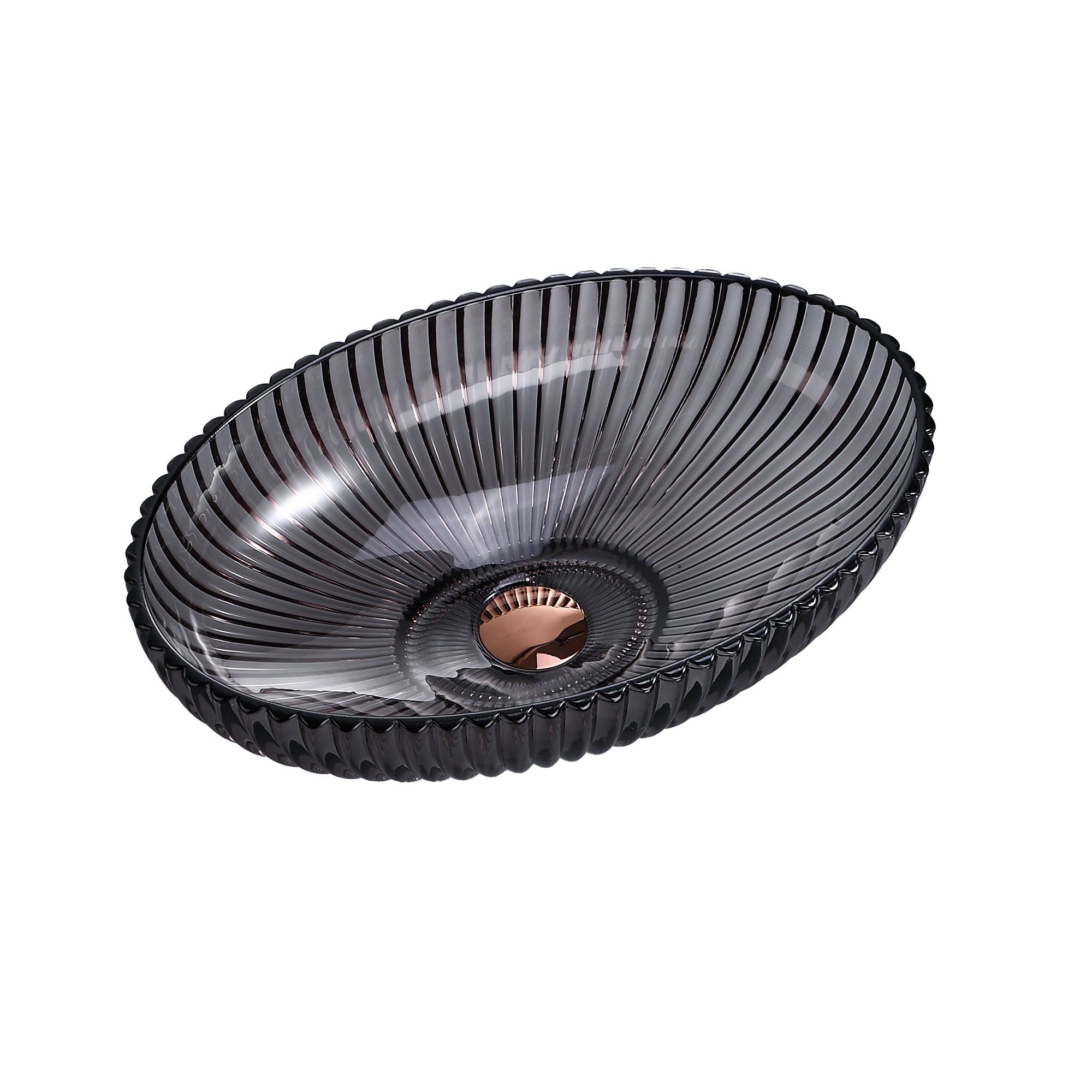 Vase ovale en verre rayé (51 × 35 × 15,5 cm) : Vase élégant en verre teinté foncé avec un design côtelé, parfait pour une décoration intérieure moderne.