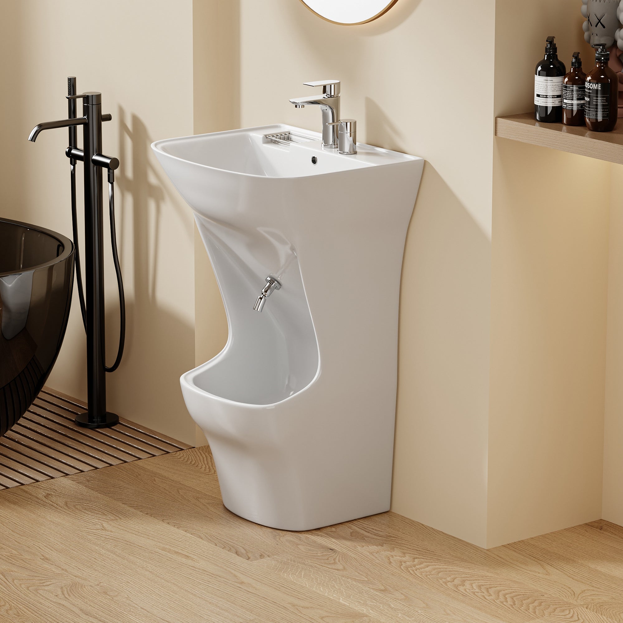 Lavabo d’ablutions Beyrouth blanc en céramique, design arrondi avec porte-savon intégré.