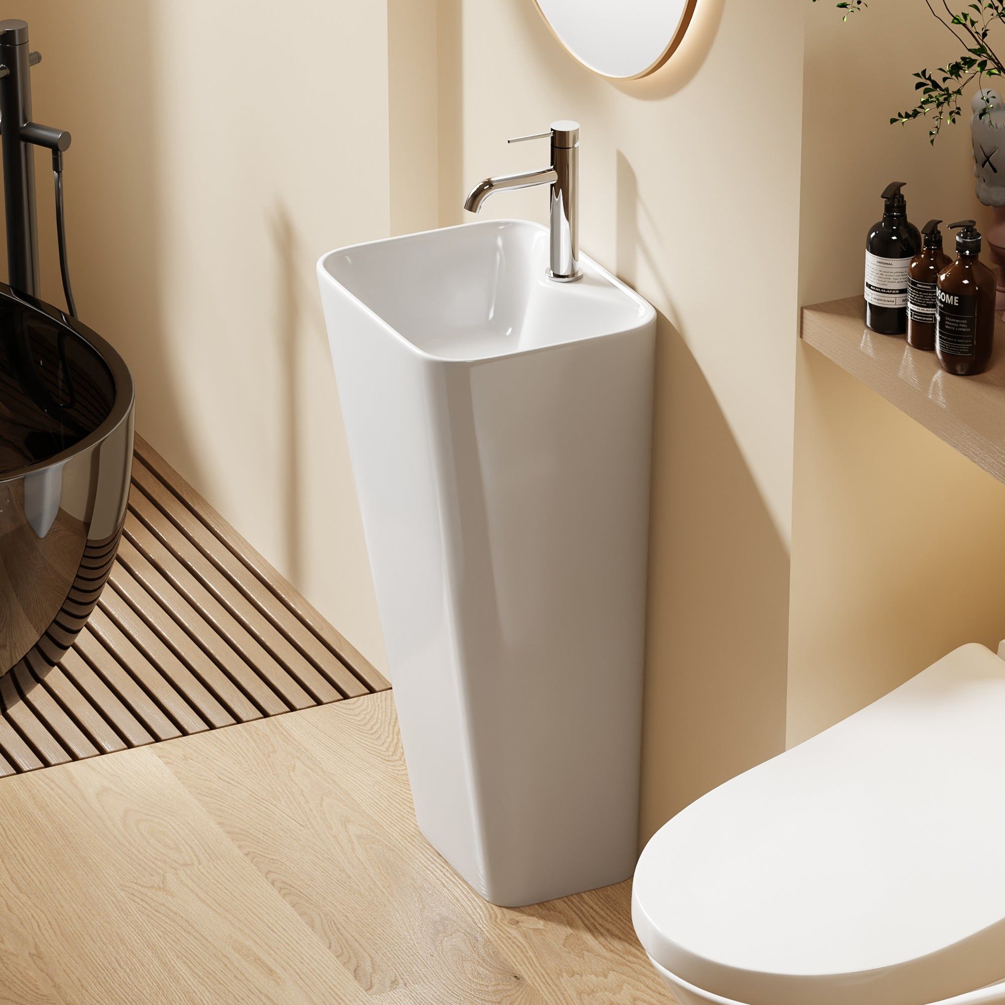 Lavabo Totem Blanc Rectangulaire et Fin : Lavabo sur colonne rectangulaire blanc élégant avec un robinet chromé moderne.