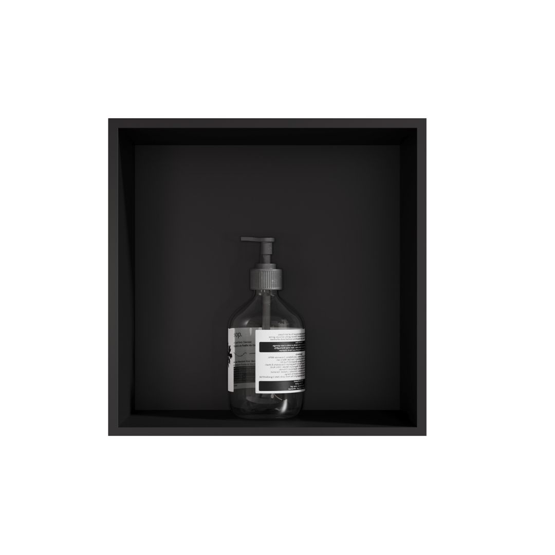 Niche de douche carrée noir mat, 30x30x12cm, avec distributeur de savon intégré.