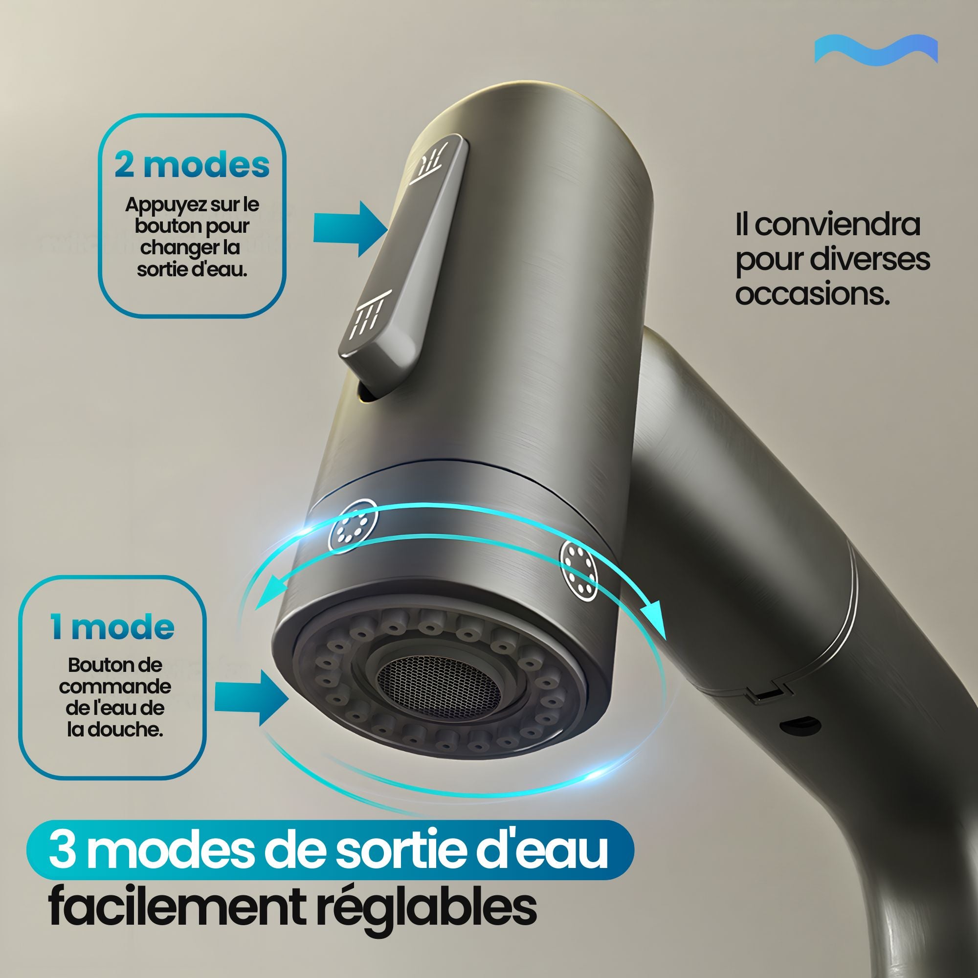 Robinet multifonction salle de bain gris metalisé: 3-mode metal gray bathroom faucet with easy-to-adjust spray settings.