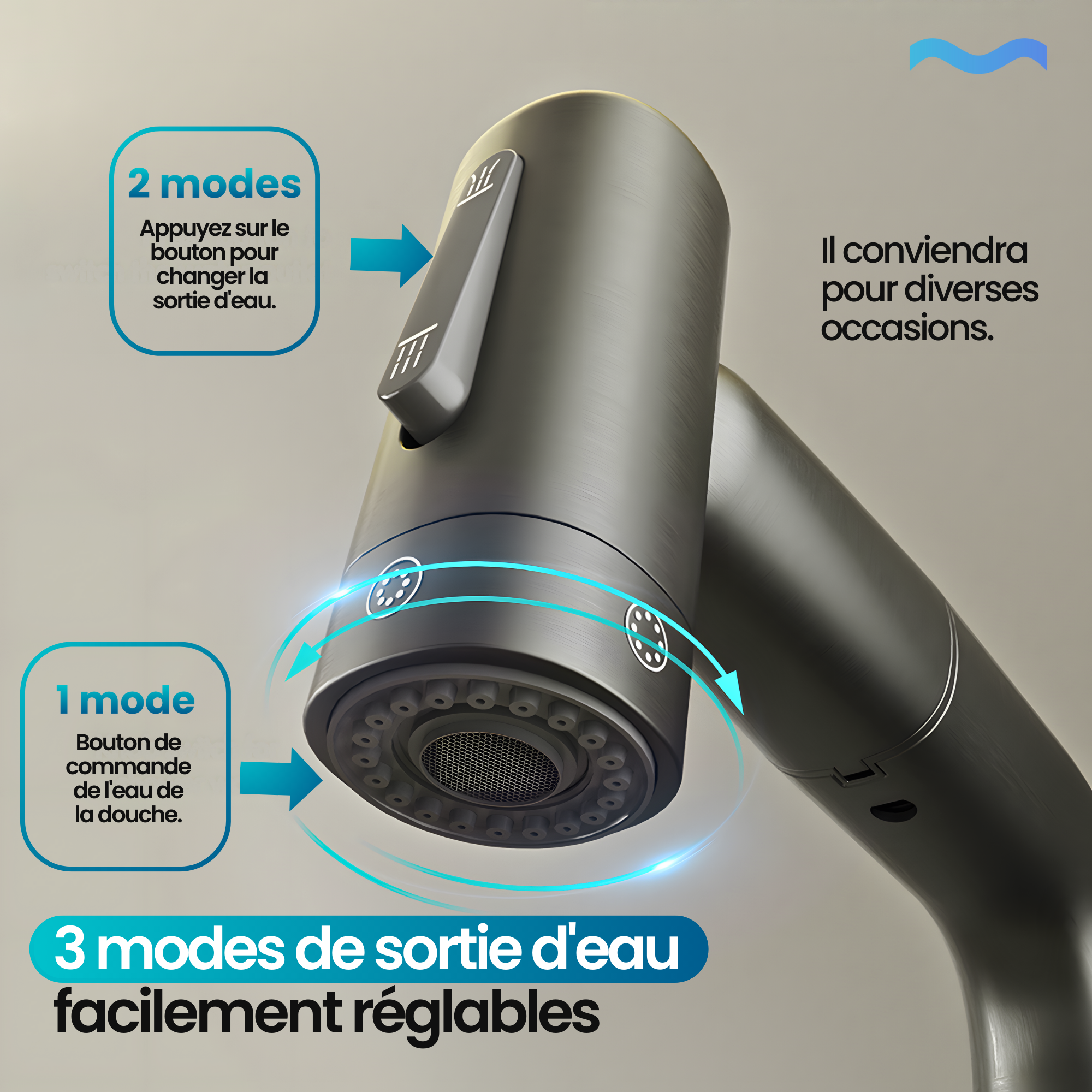 Robinet multifonction salle de bain gris metalisé: 3-mode metal gray bathroom faucet with easy-to-adjust spray settings.