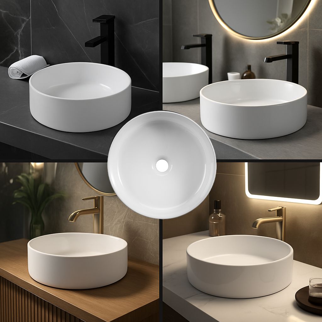 Vasque à poser ronde en céramique blanche, design moderne pour salle de bain.