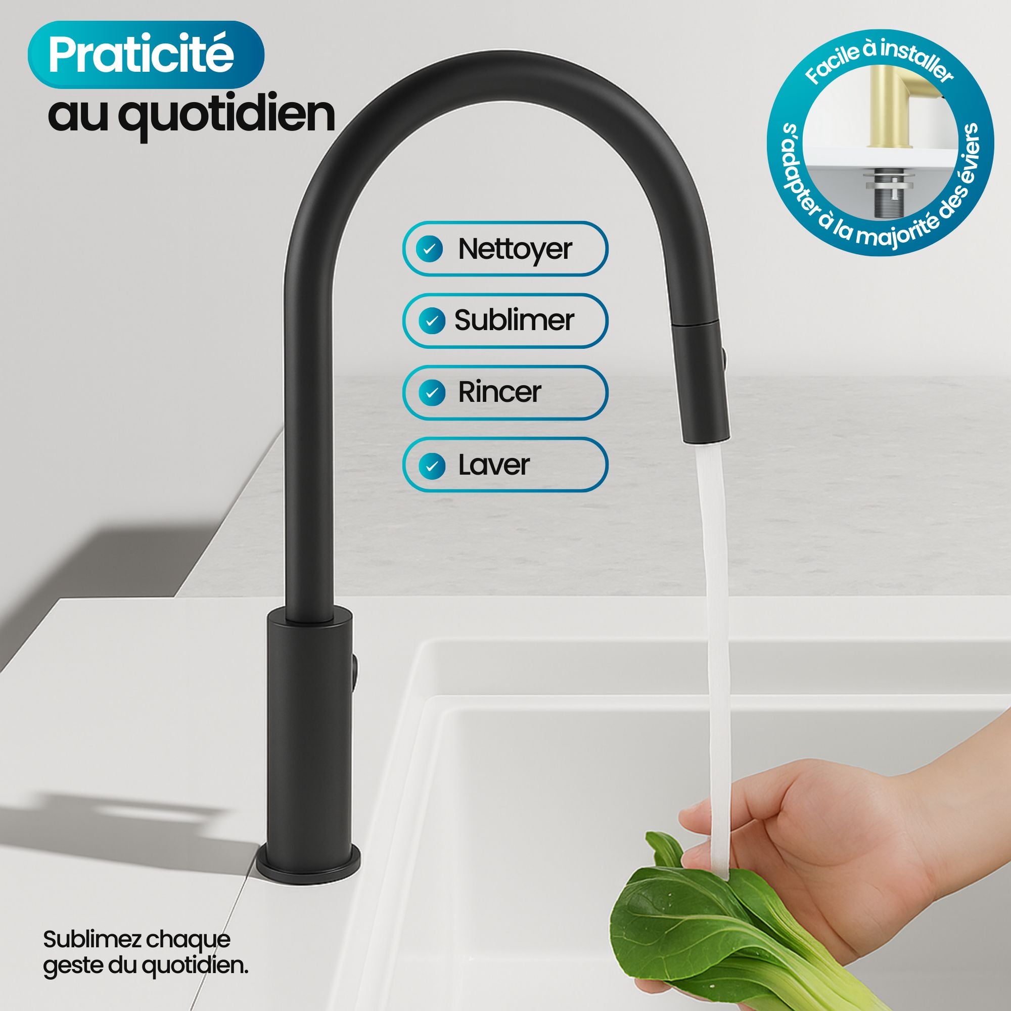 Robinet de cuisine noir mat: robinet de cuisine élégant et moderne au fini noir mat, facile à installer et s'adaptant à la plupart des éviers.