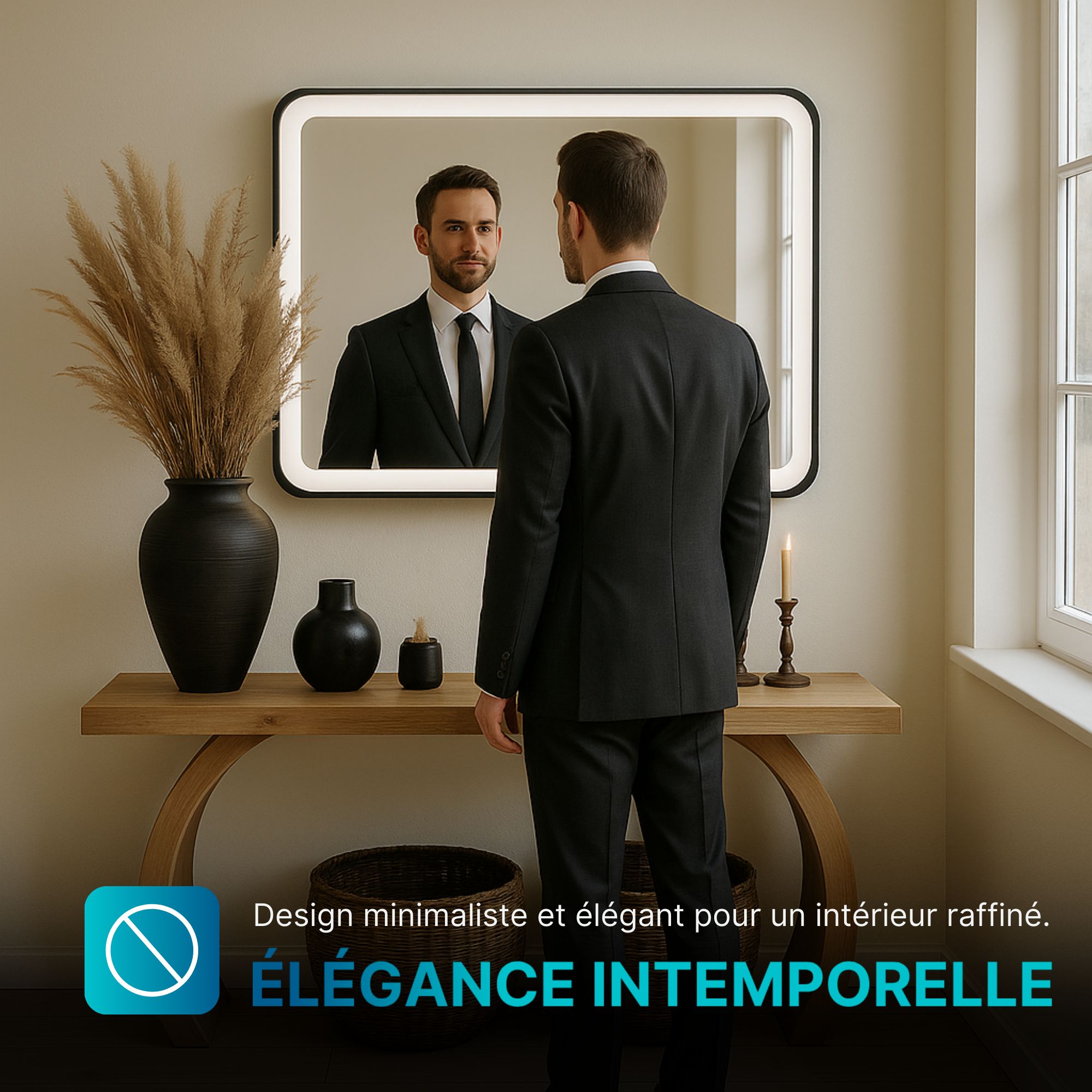 Miroir LED 60x80 cm : Miroir LED moderne et éclairé avec un élégant cadre en aluminium noir. Idéal pour la salle de bain ou le dressing.