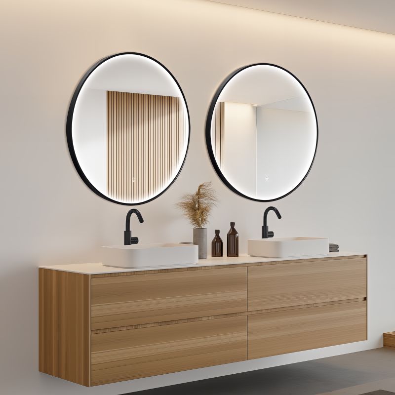 Miroir rond LED avec cadre aluminium noir ⌀70cm: Élégant miroir rond de 70cm avec éclairage LED intégré et cadre noir élégant, idéal pour salle de bain.