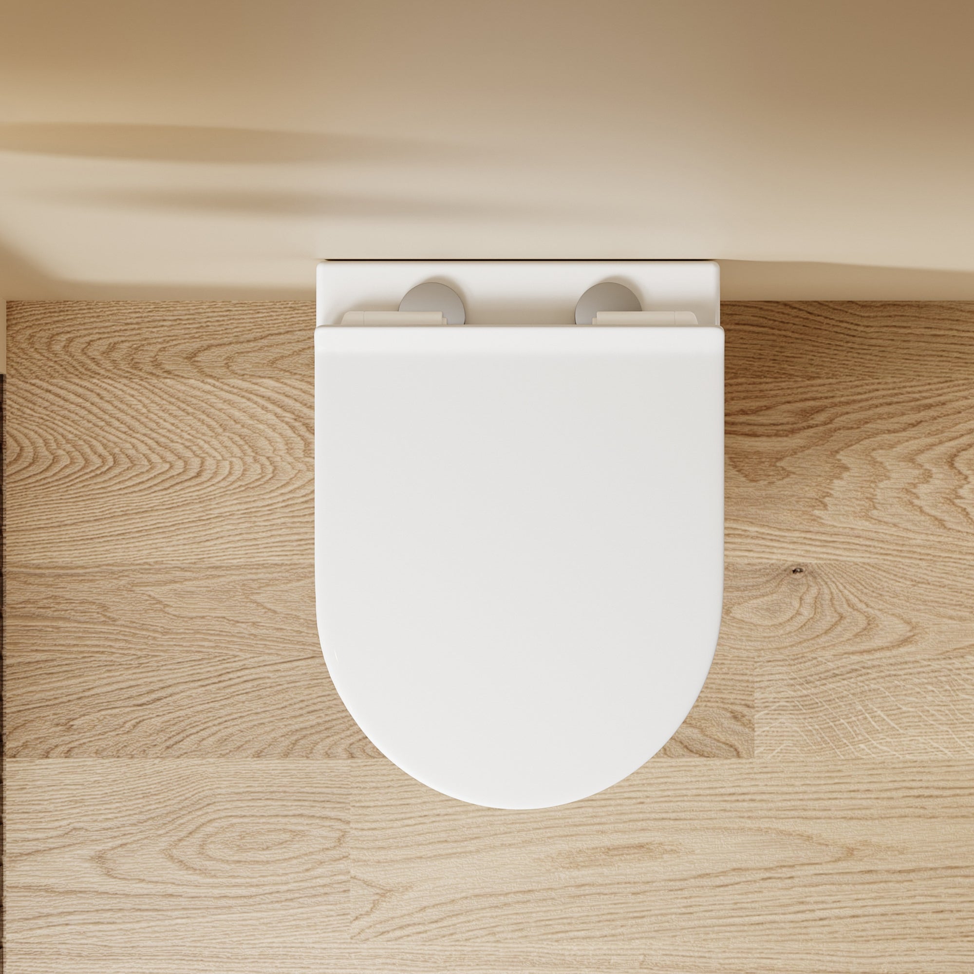Vue de dessus du WC suspendu blanc SOLEIL, design moderne, dimensions 49x36,5x32 cm.