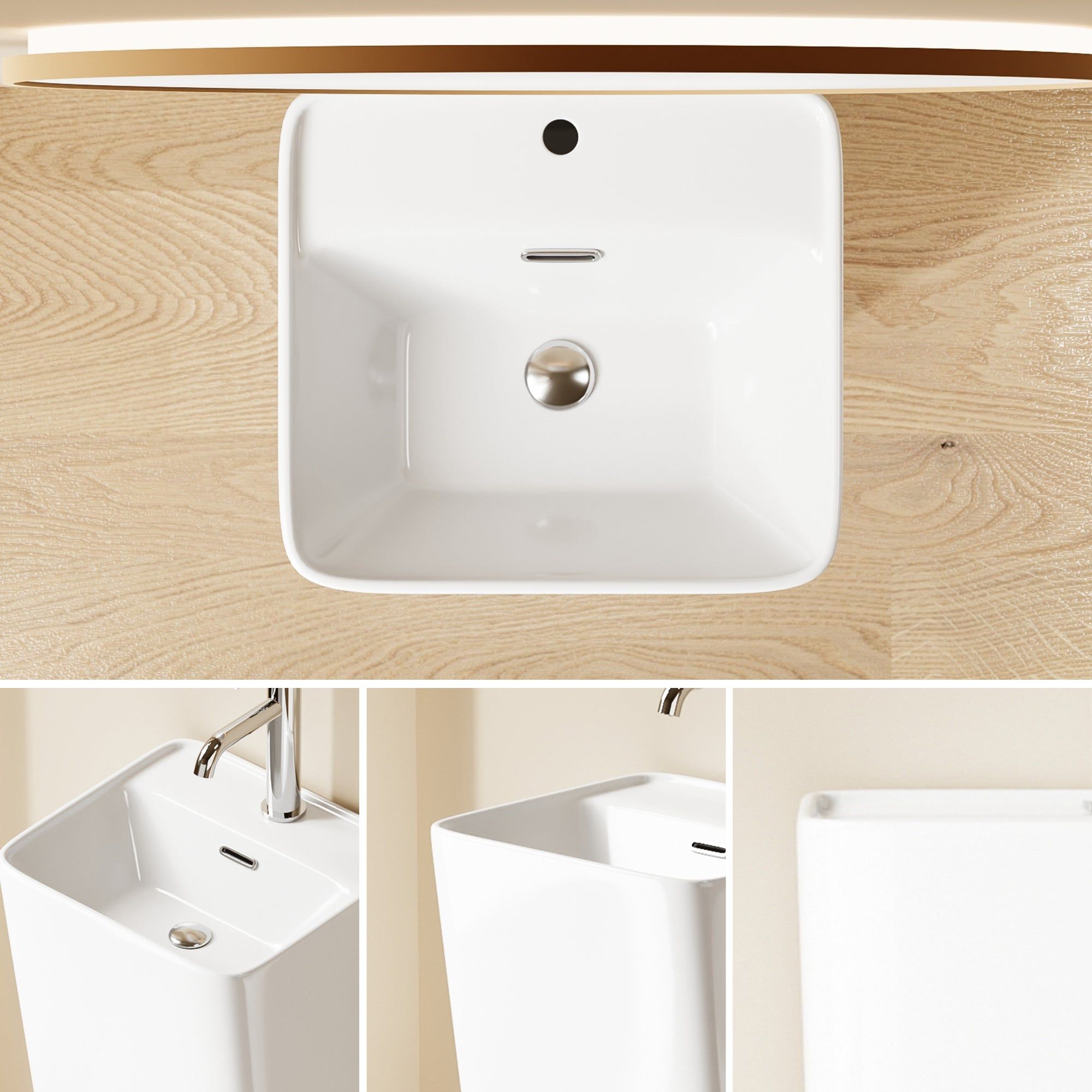 Lavabo Totem Blanc Carré : Lavabo de salle de bain carré en céramique blanche moderne, options d'installation sur plan ou sur colonne.