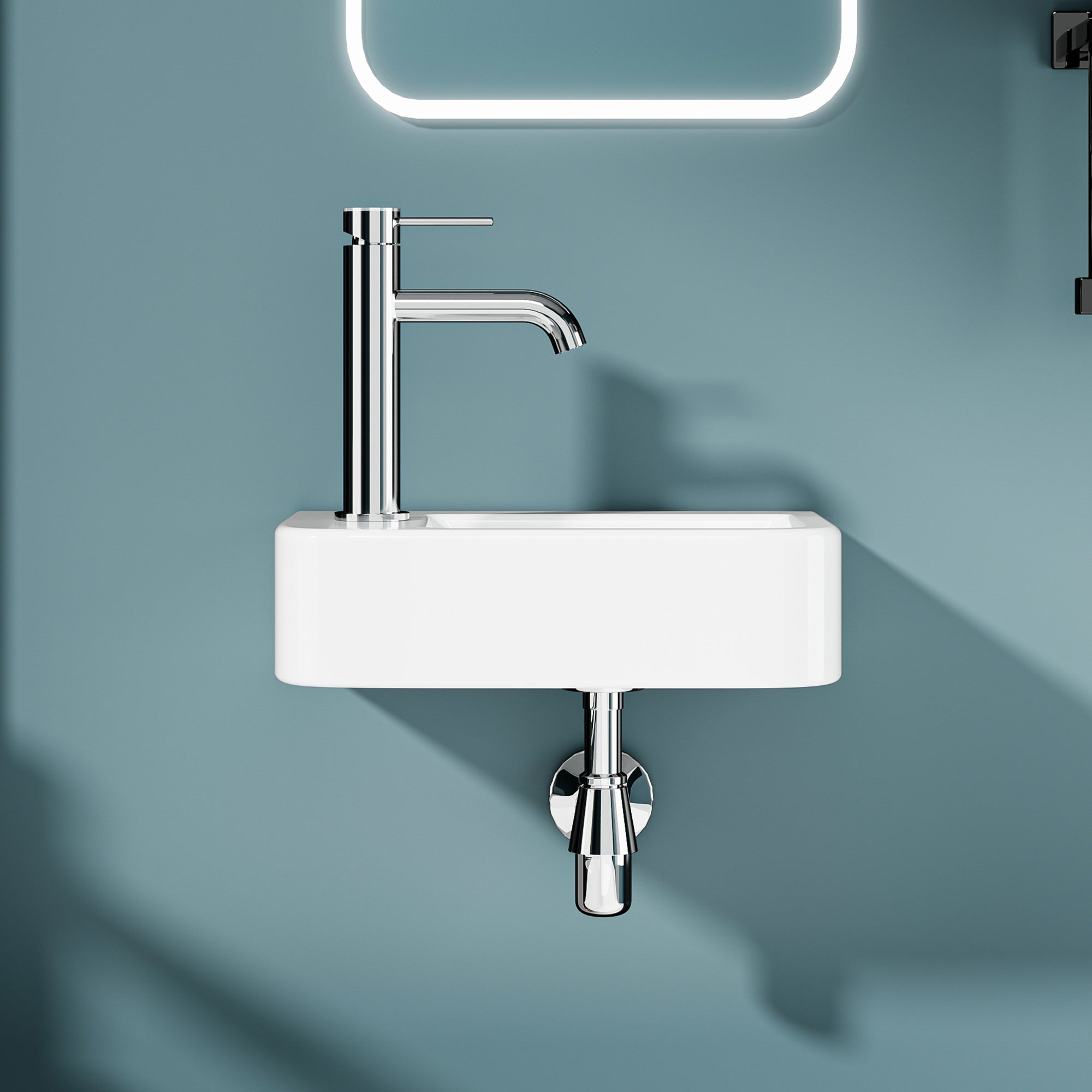 Vasque lave-mains murale sortie gauche compacte en céramique blanche (37*24,5cm) – BRUNO