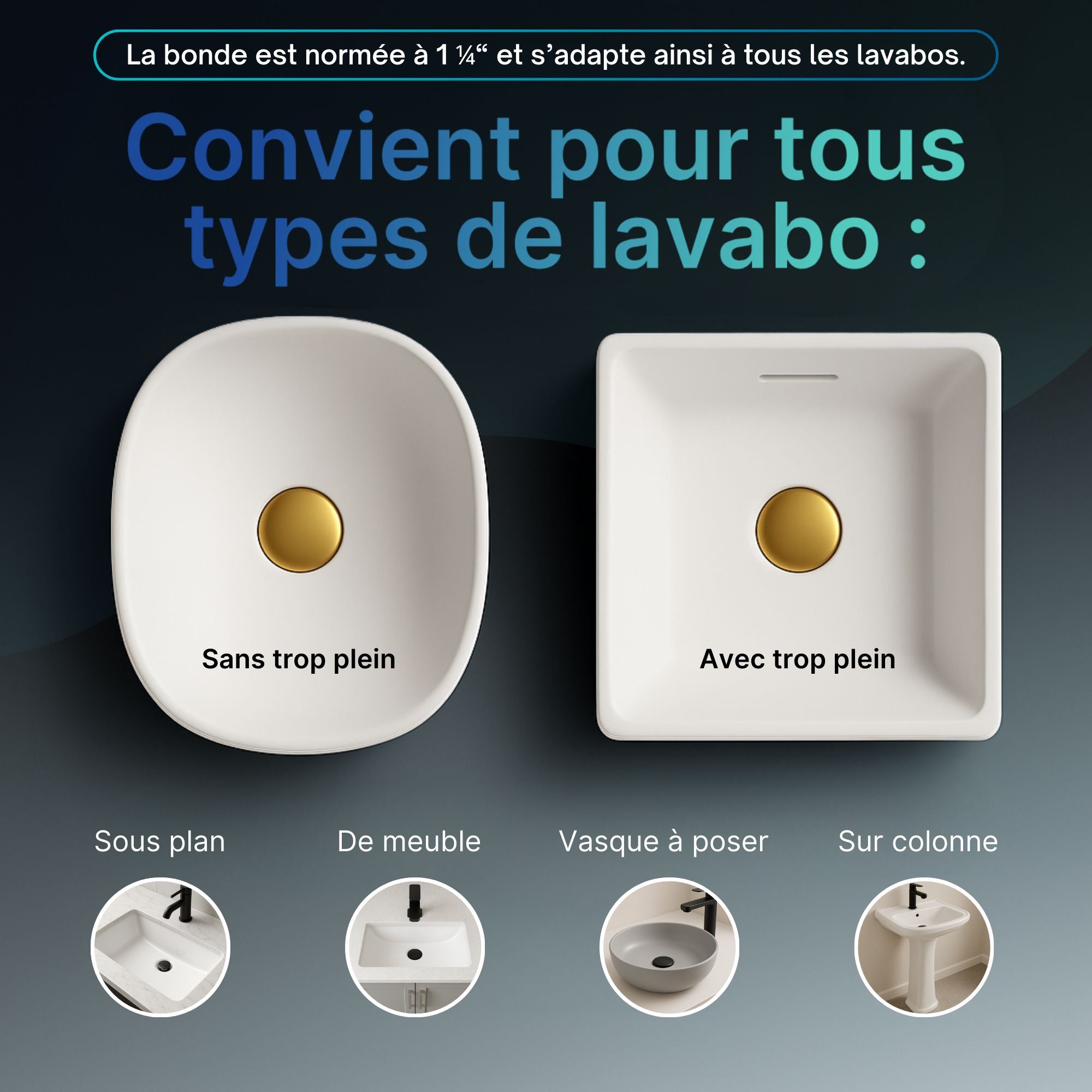Bouchon de bonde clic-clac doré, compatible avec différents lavabos (à encastrer, à poser, vasque, sur colonne). Compatible avec les bondes avec ou sans trop-plein.