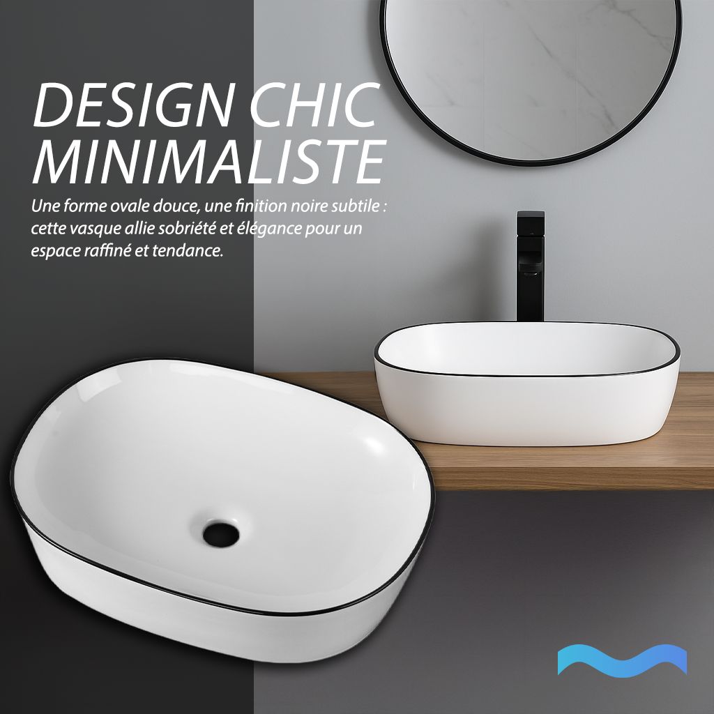 Vasque à poser ronde ovale avec liseré noir : Élégante vasque de salle de bain blanche à poser.