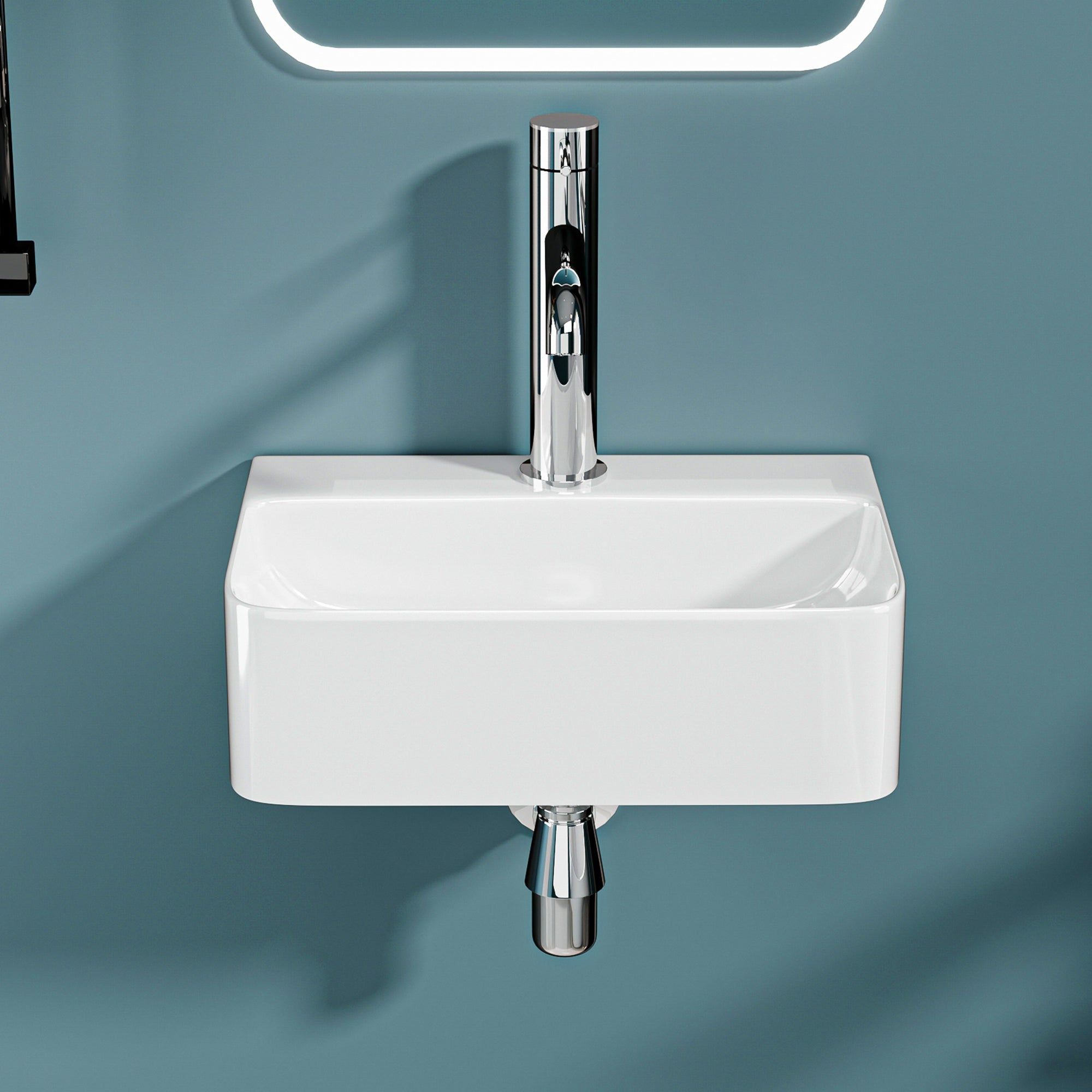 Lavabo mural blanc (36x25x11 cm) avec robinet chromé