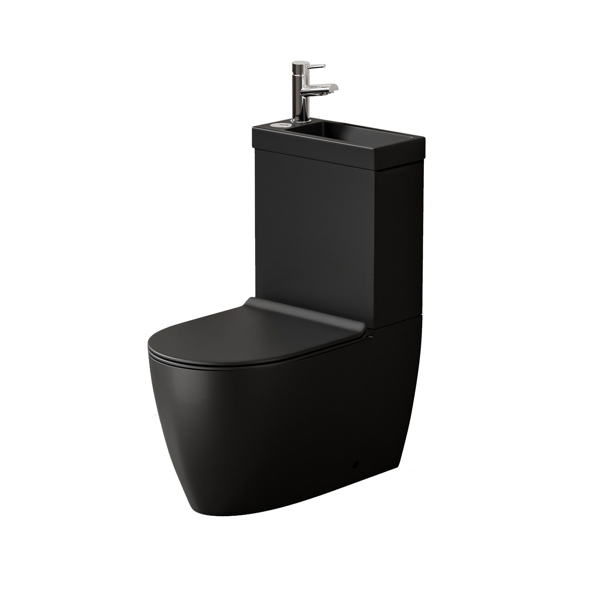WC 2 en 1 Noir : WC noir moderne avec lavabo intégré et robinetterie chromée. Design de salle de bain compact.