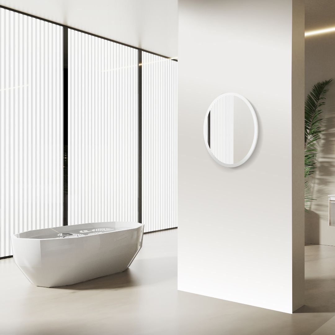 Miroir LED rond ⌀50cm : Miroir de salle de bain LED rond moderne avec bord givré, diamètre 50cm.