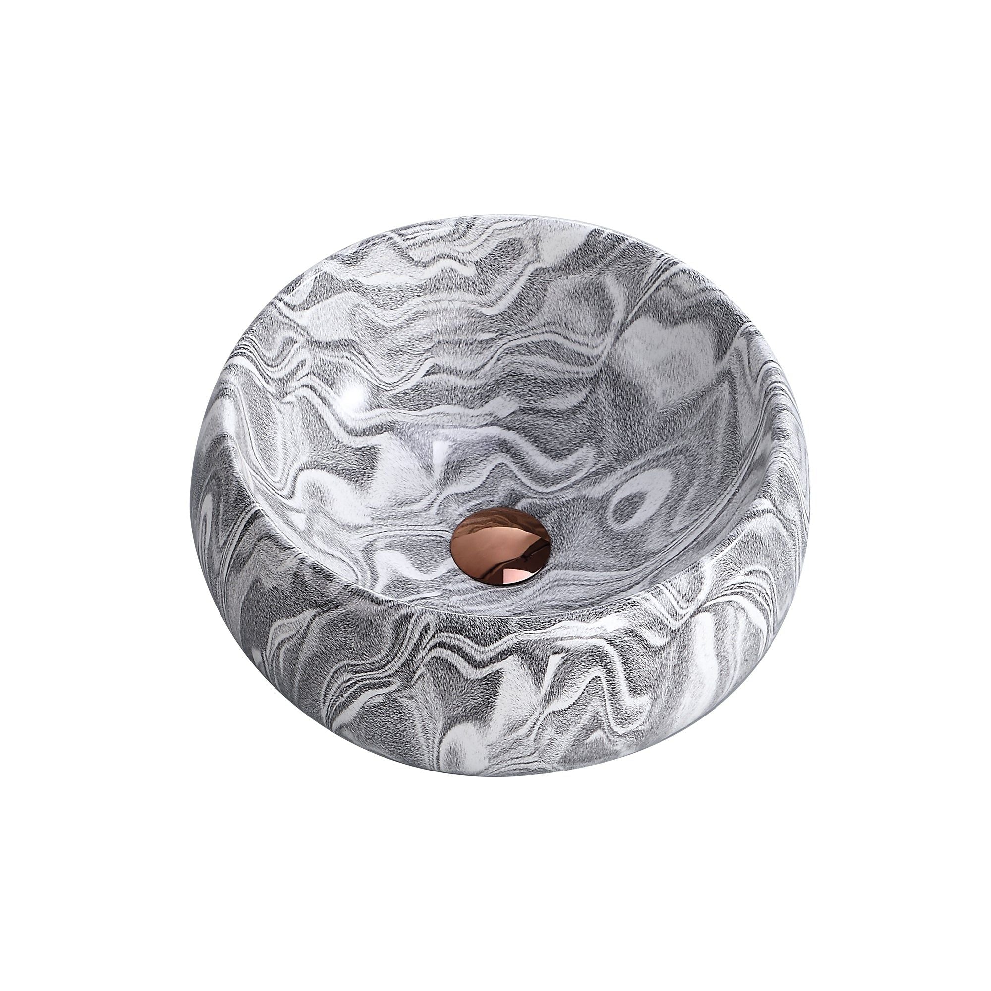 Vasque à poser effet marbre gris, diamètre 40 cm, forme ronde avec bonde en cuivre