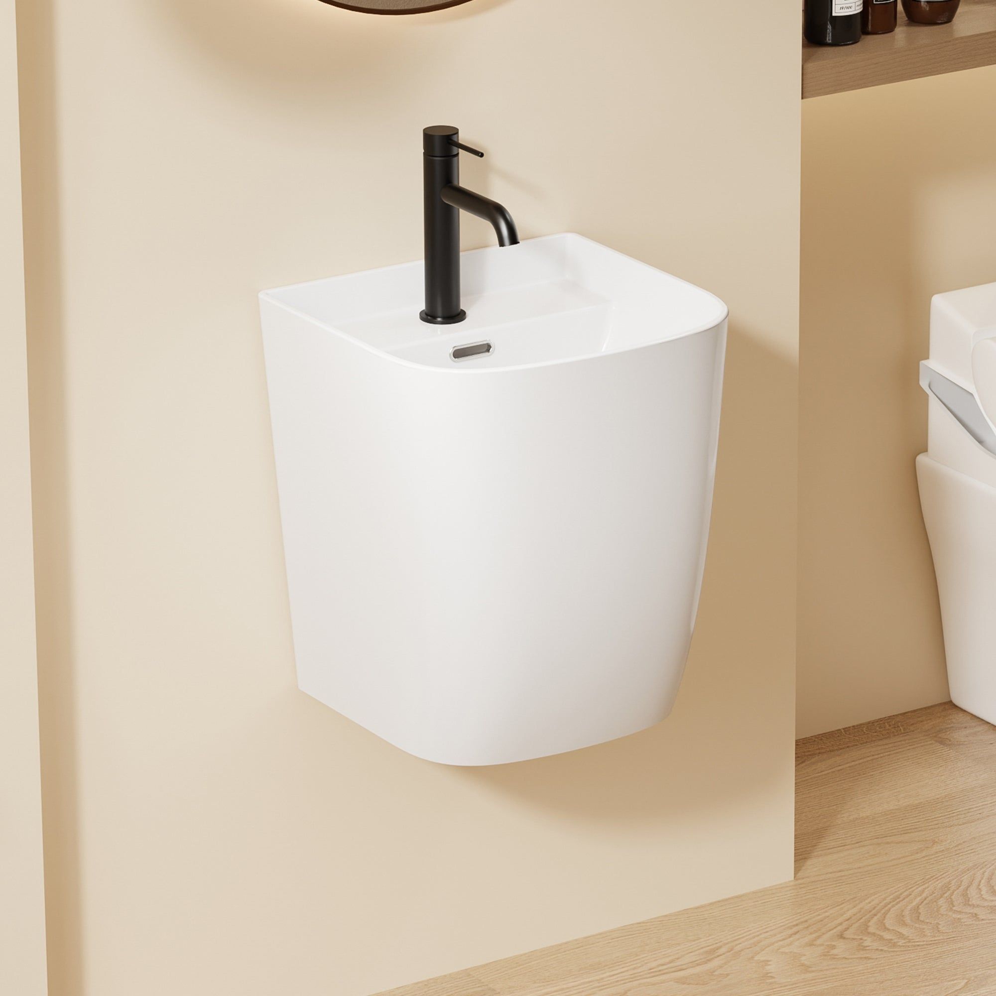Lavabo mural blanc (38 × 40 × 45 cm) : Lavabo mural moderne en céramique blanche avec robinet noir.