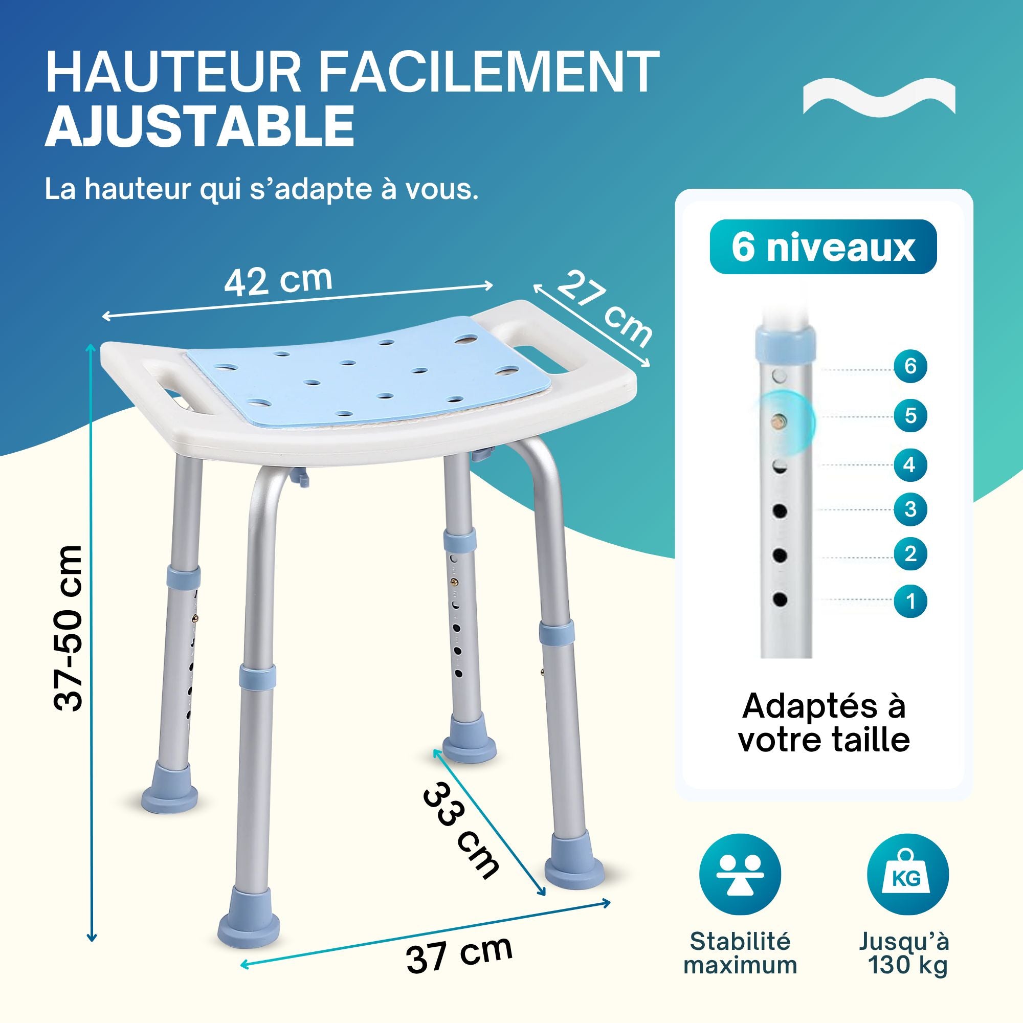 Chaise de douche PMR réglable en hauteur, avec 6 niveaux d'ajustement pour plus de stabilité et supportant jusqu'à 130 kg.