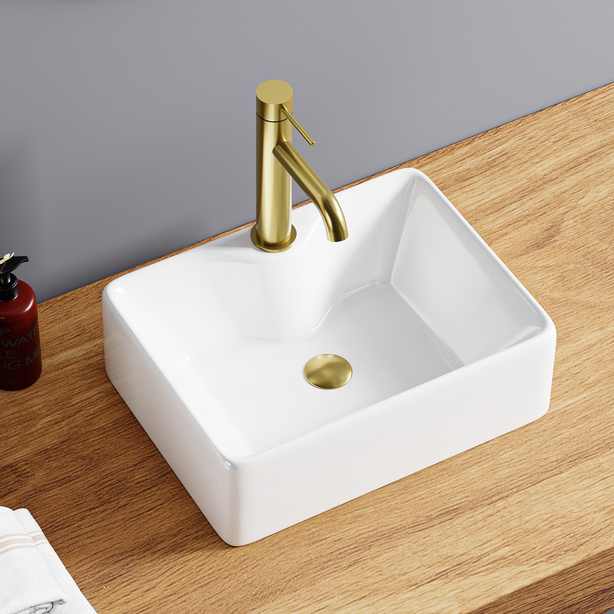 Vasque rectangulaire en céramique blanche (40x30cm), lavabo de salle de bain moderne avec robinet doré