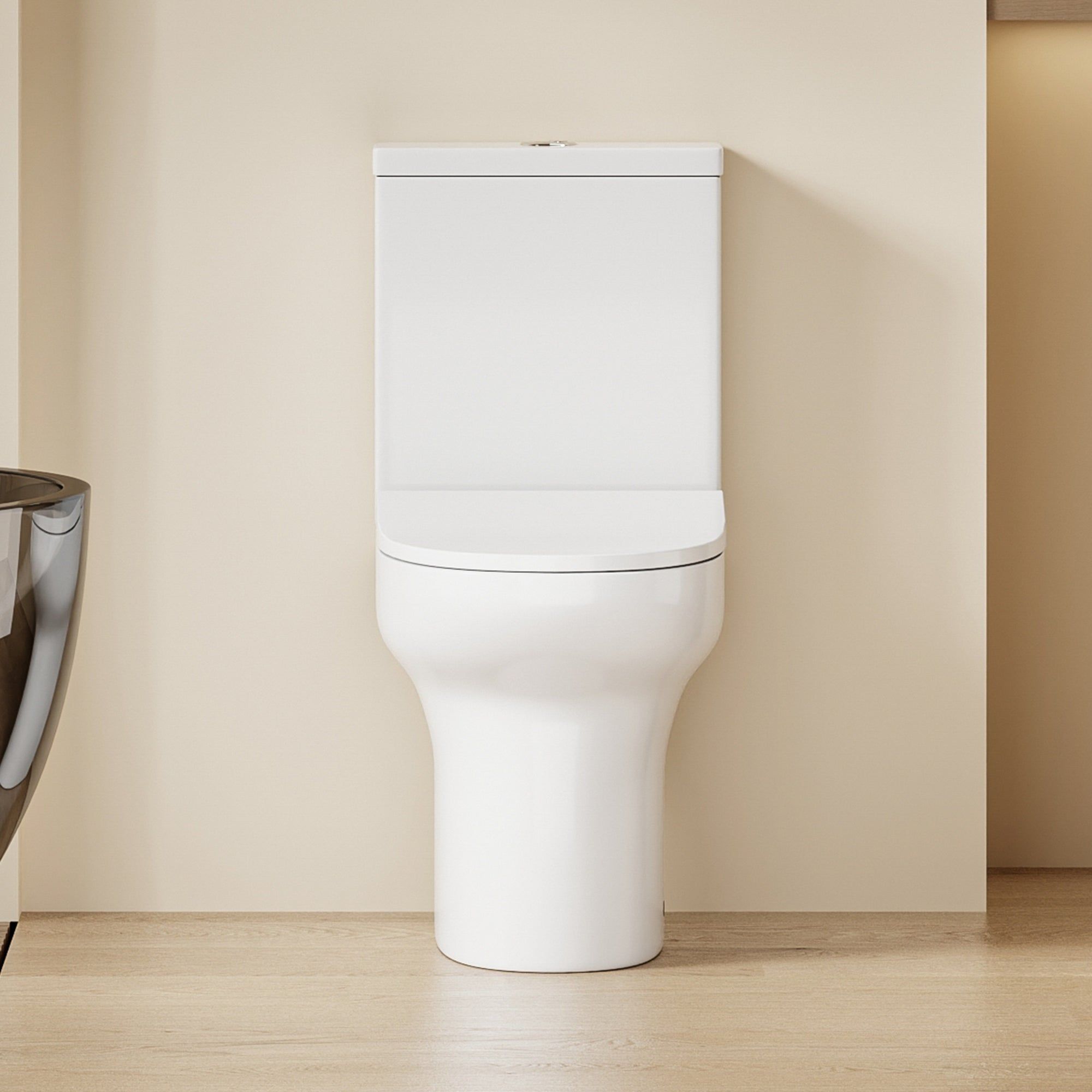 WC Ultra Compact à Poser - Sortie Horizontale : toilettes modernes et épurées en céramique blanche