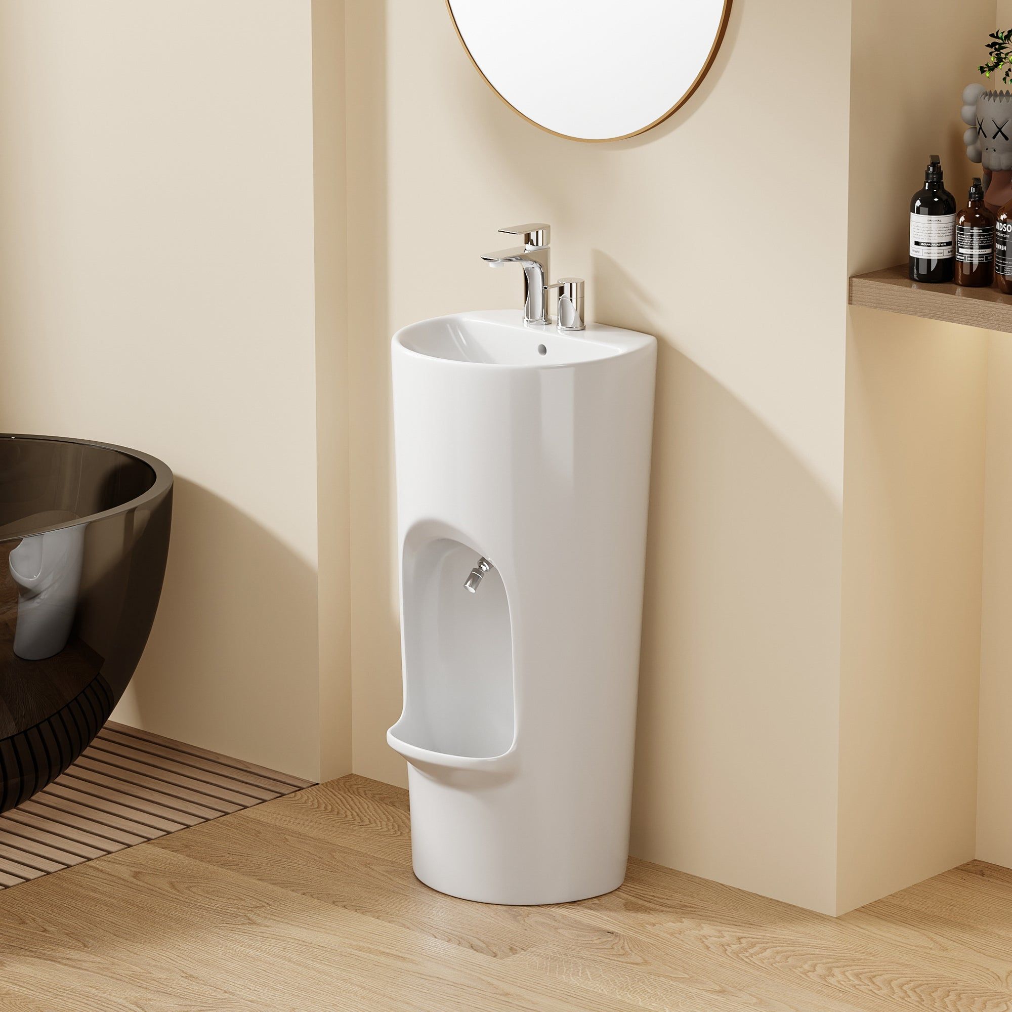 Lavabo d'ablutions Riyad blanc au design rond et fin, avec robinetterie chromée.