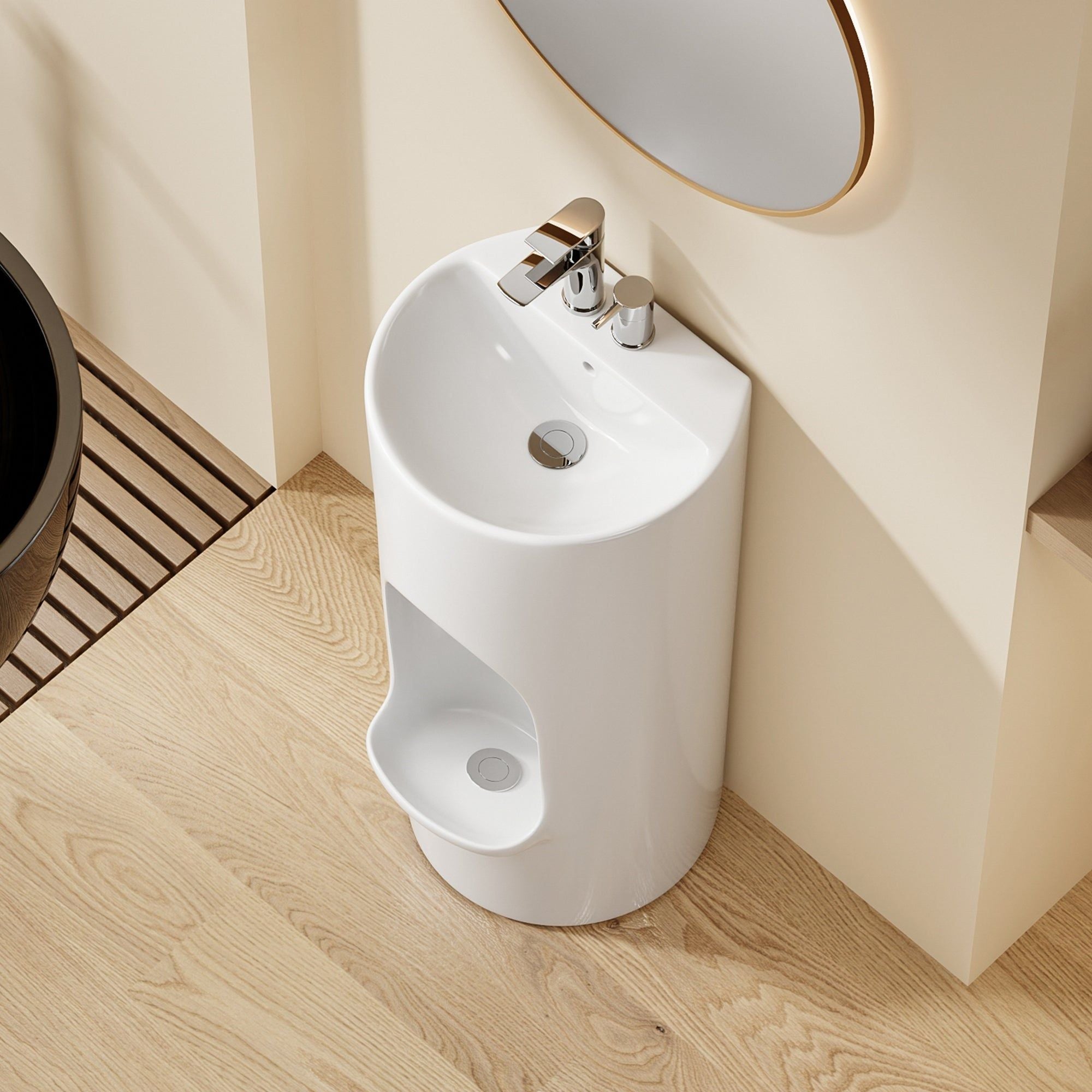 Lavabo sur pied Riyad : Lavabo de salle de bain blanc moderne, rond et minimaliste avec étagère intégrée.