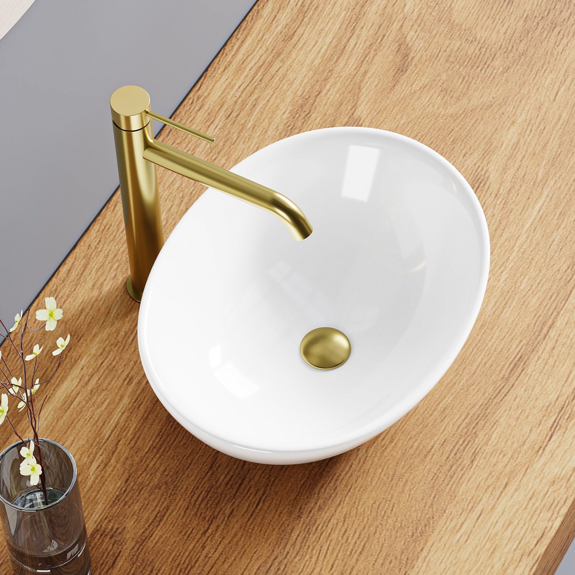 Lavabo de salle de bain ovale blanc (41,5 x 33,5 cm) avec robinet doré