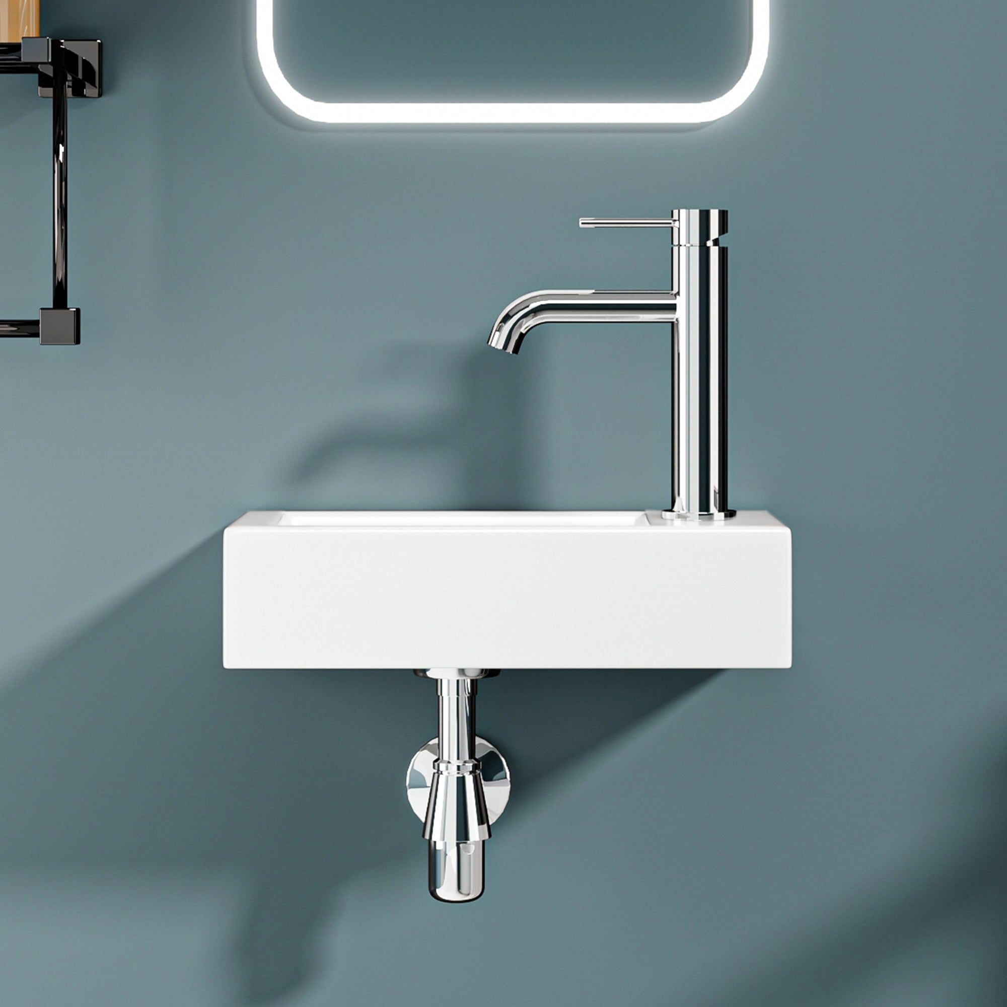 Lavabo rectangulaire mural blanc avec robinet chromé, 36,5 x 18 x 9 cm