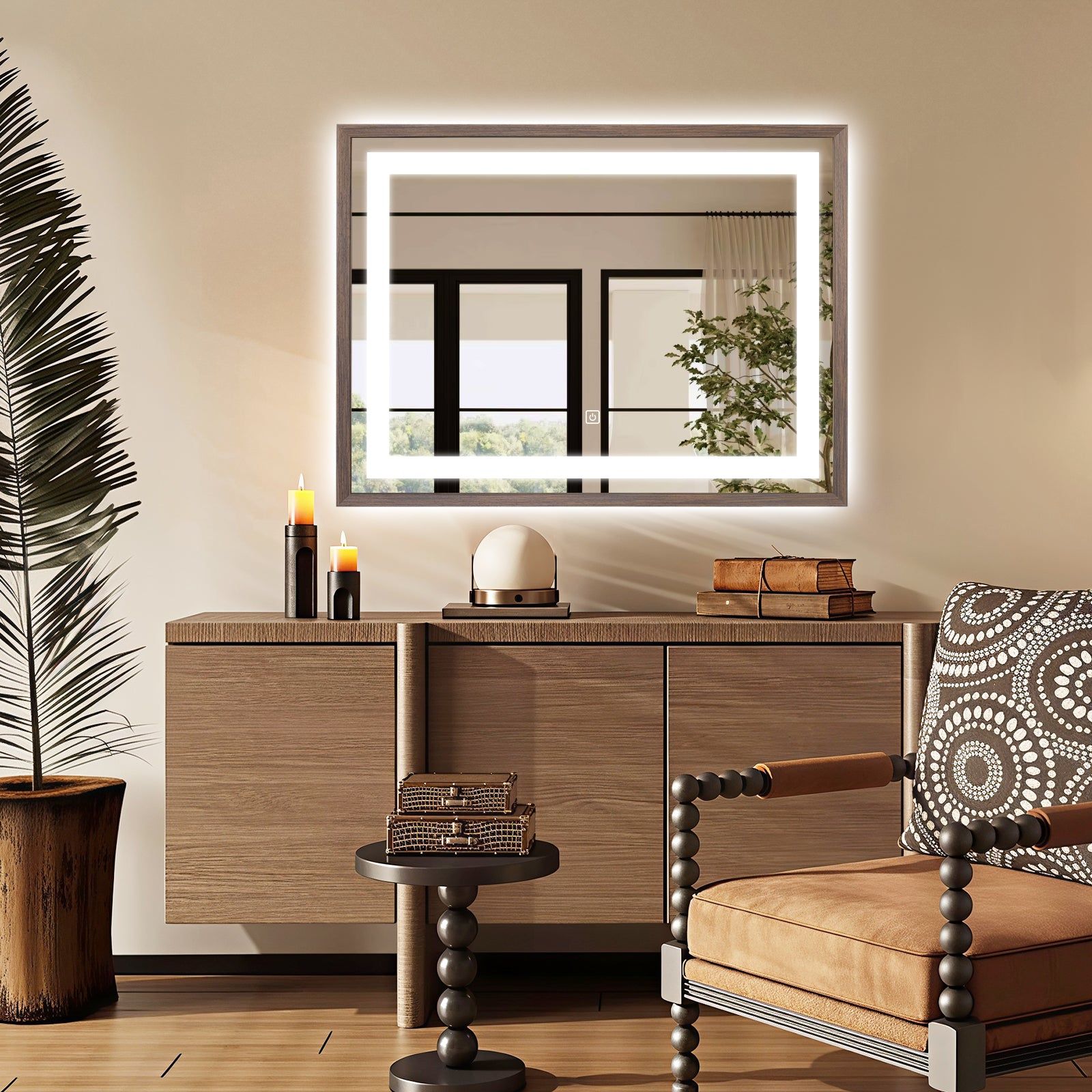 Miroir lumineux LED avec cadre bois Noyer foncé veinage naturel