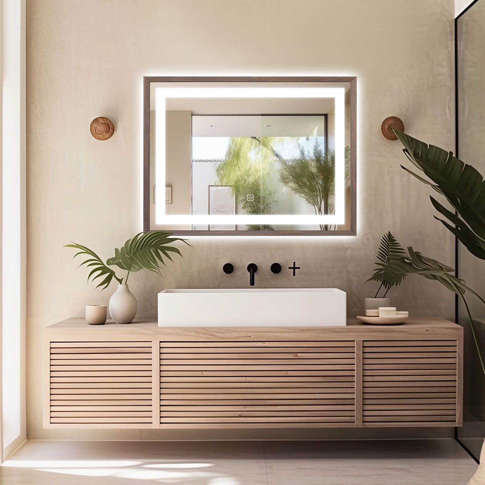 Miroir lumineux LED avec cadre bois Noyer foncé veinage naturel