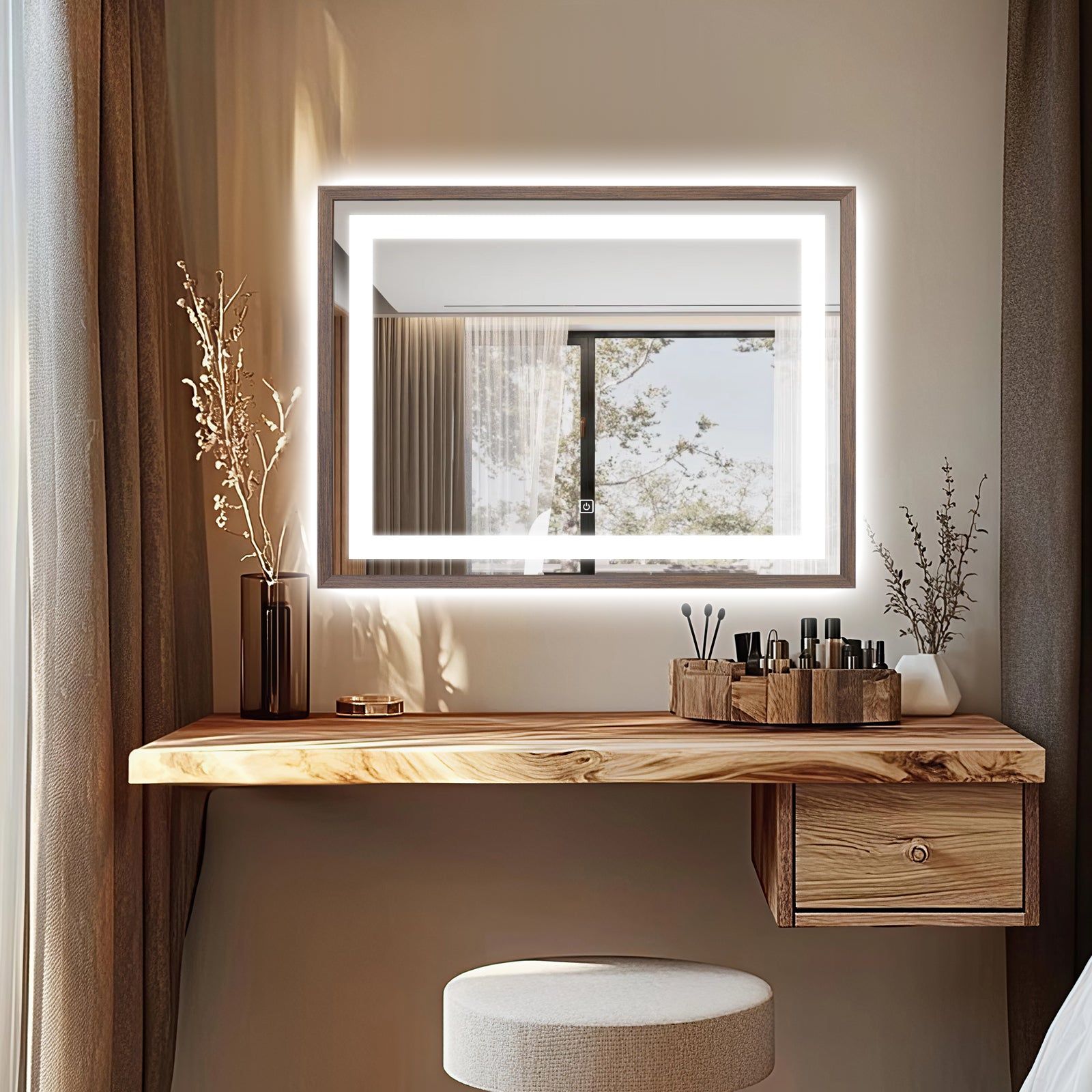 Miroir lumineux LED avec cadre bois Noyer foncé veinage naturel
