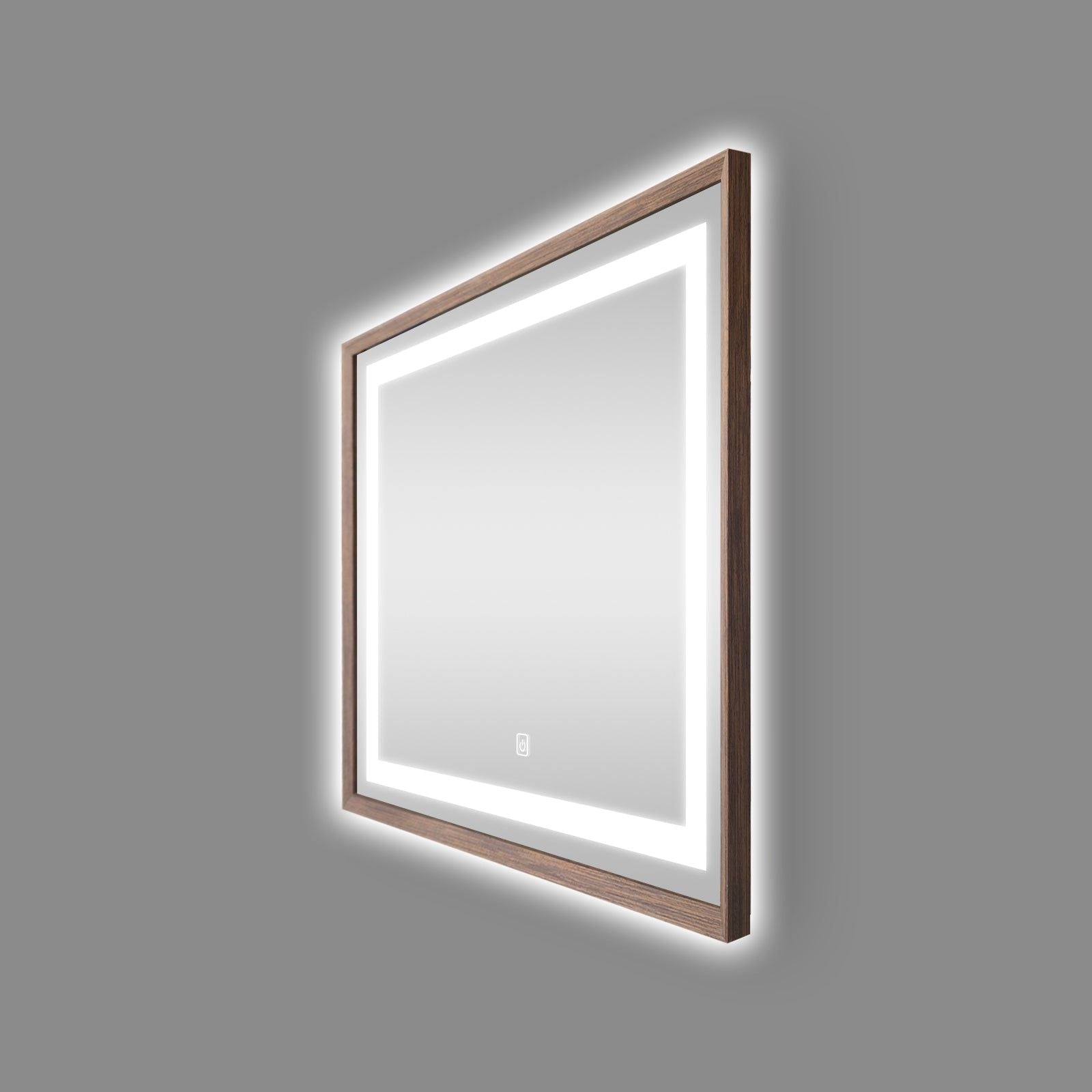 Miroir lumineux LED avec cadre bois Noyer foncé veinage naturel