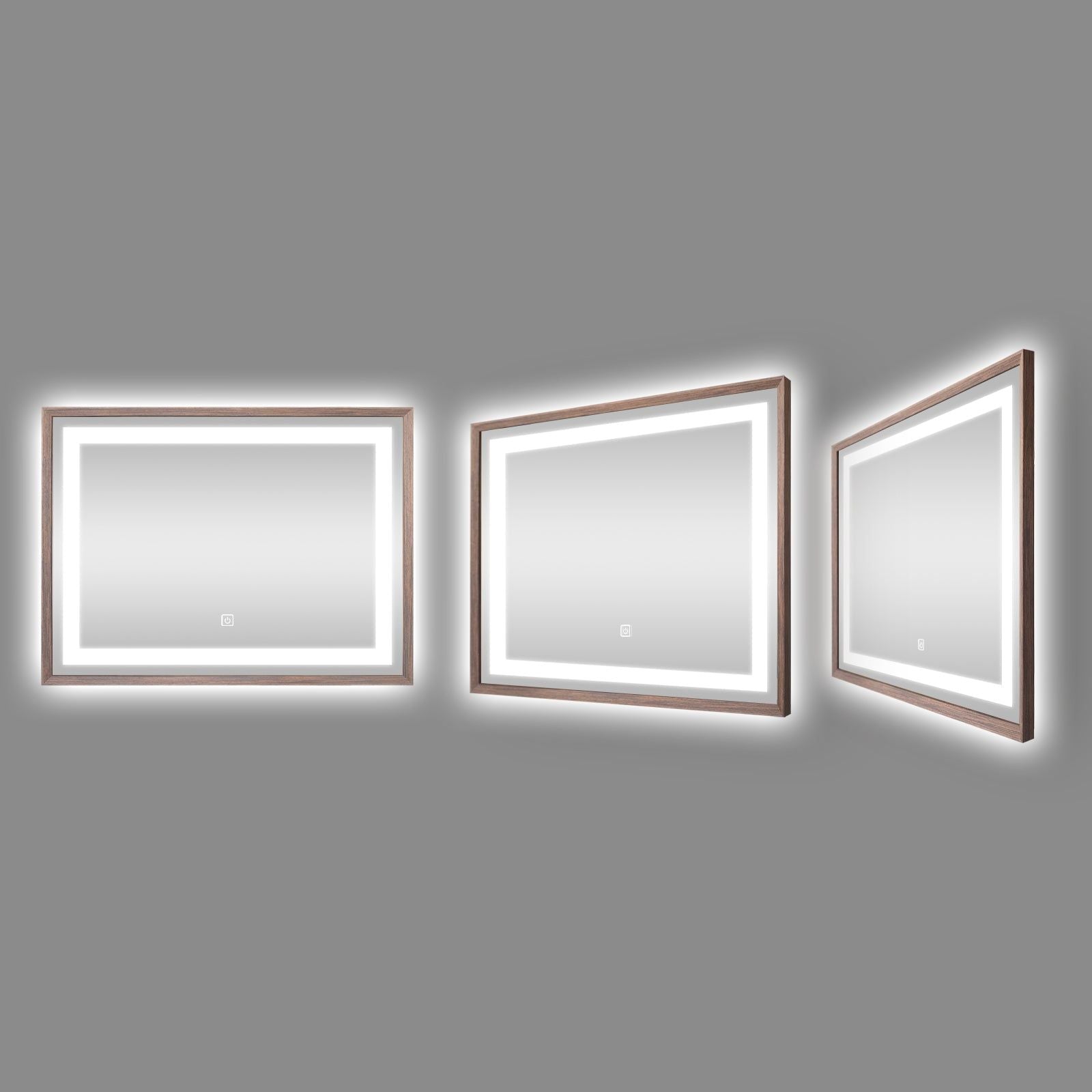 Miroir lumineux LED avec cadre bois Noyer foncé veinage naturel