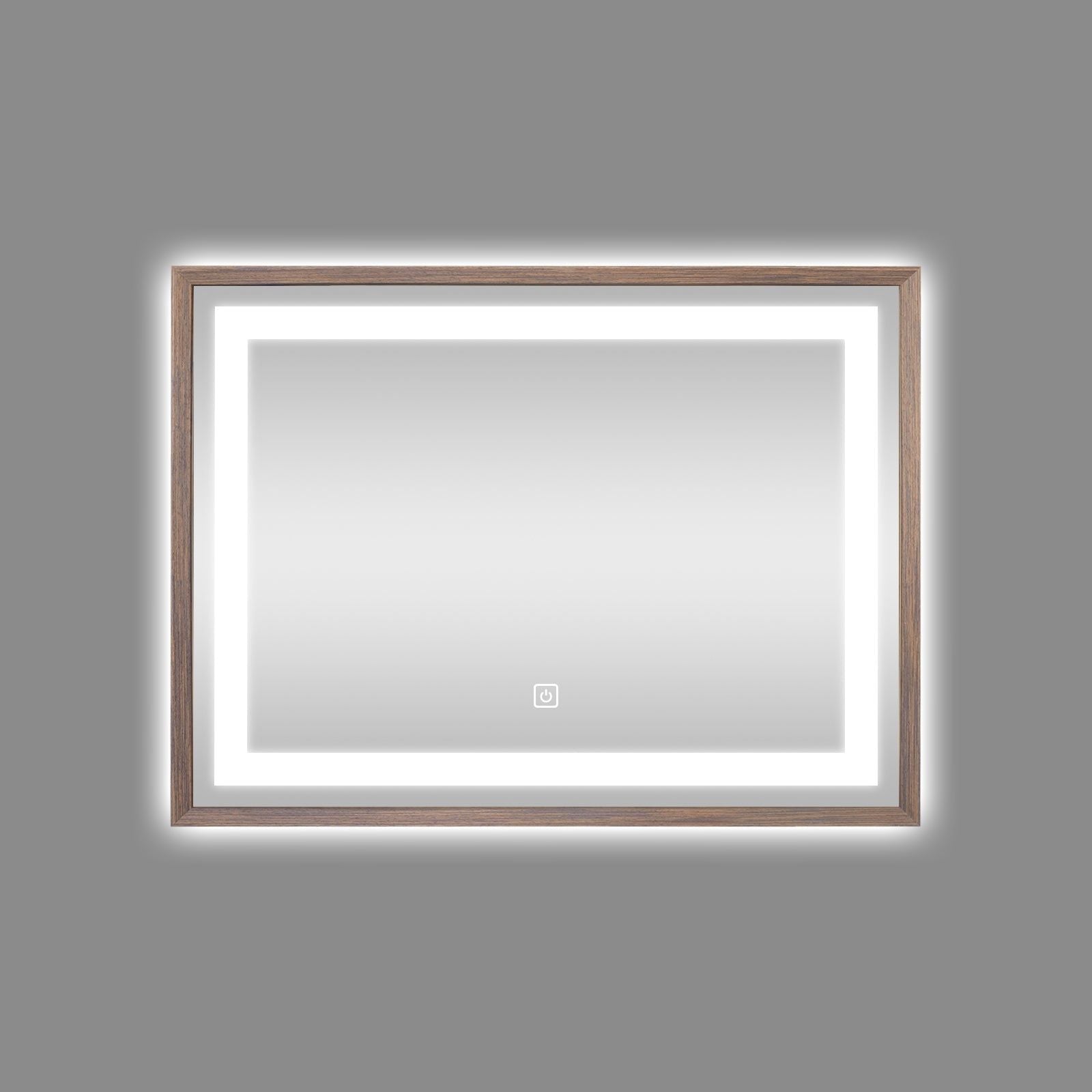 Miroir lumineux LED avec cadre bois Noyer foncé veinage naturel
