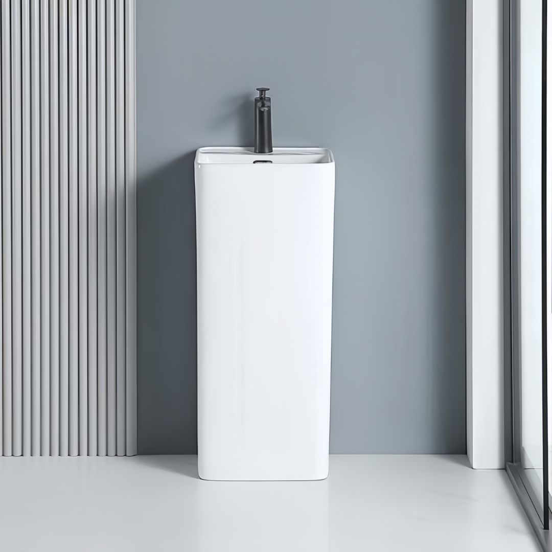 Lavabo Totem Blanc Carré : Lavabo sur pied carré en céramique blanche moderne au design épuré et minimaliste.