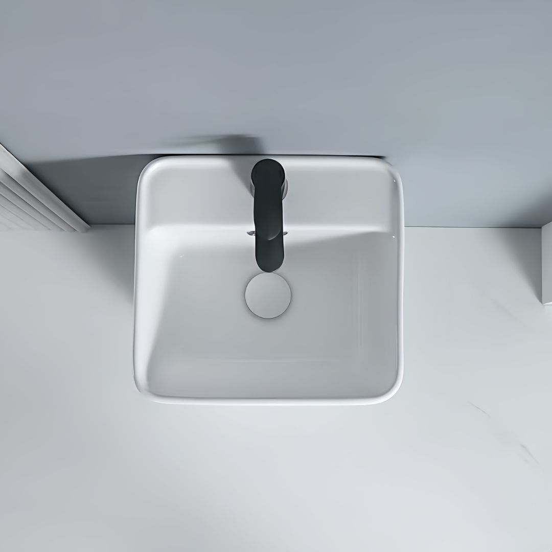 Lavabo Totem Blanc Carré : Lavabo mural carré en céramique blanche avec robinet noir