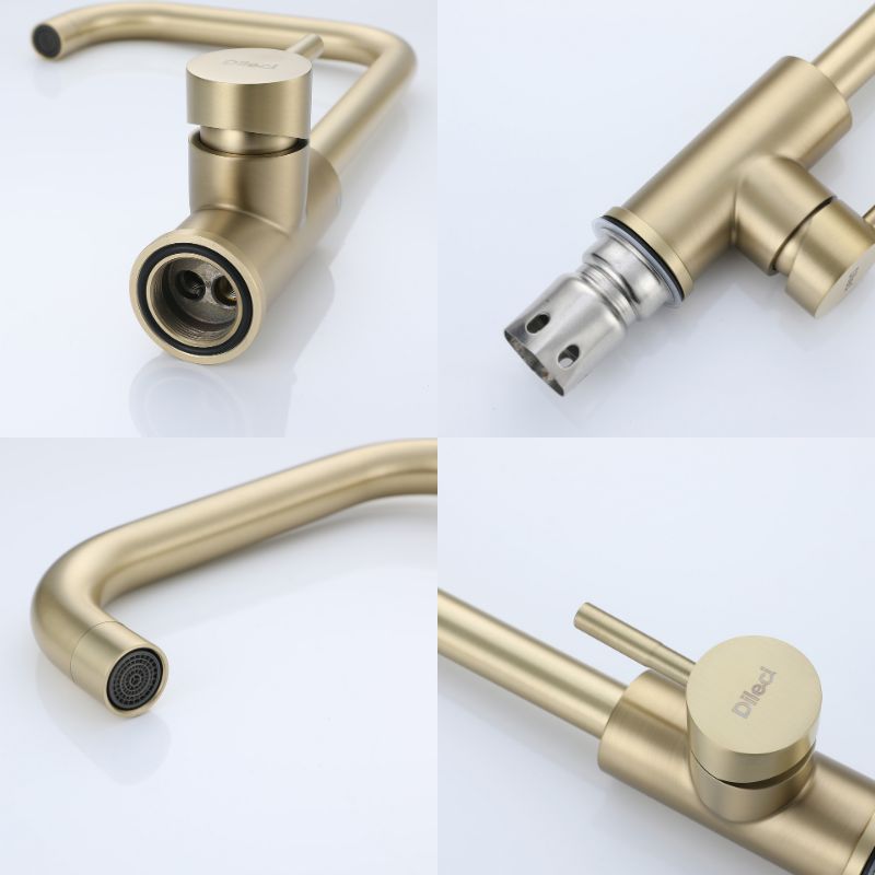 Robinet de cuisine doré au design intemporel. Gros plans détaillés montrant le bec, la poignée et les composants internes.