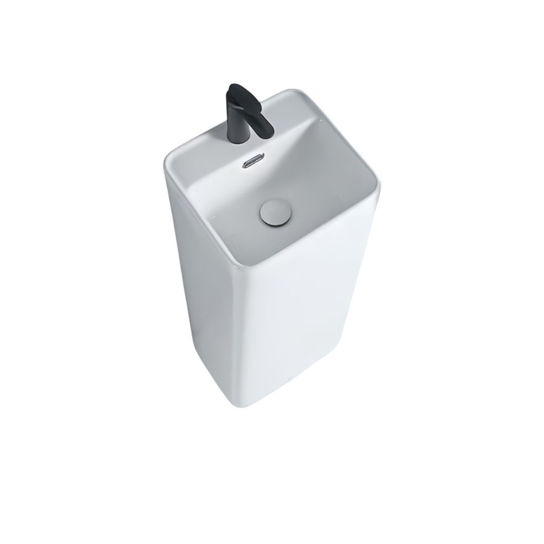 Lavabo Totem Blanc Carré : Lavabo mural carré moderne en céramique blanche avec robinet noir.