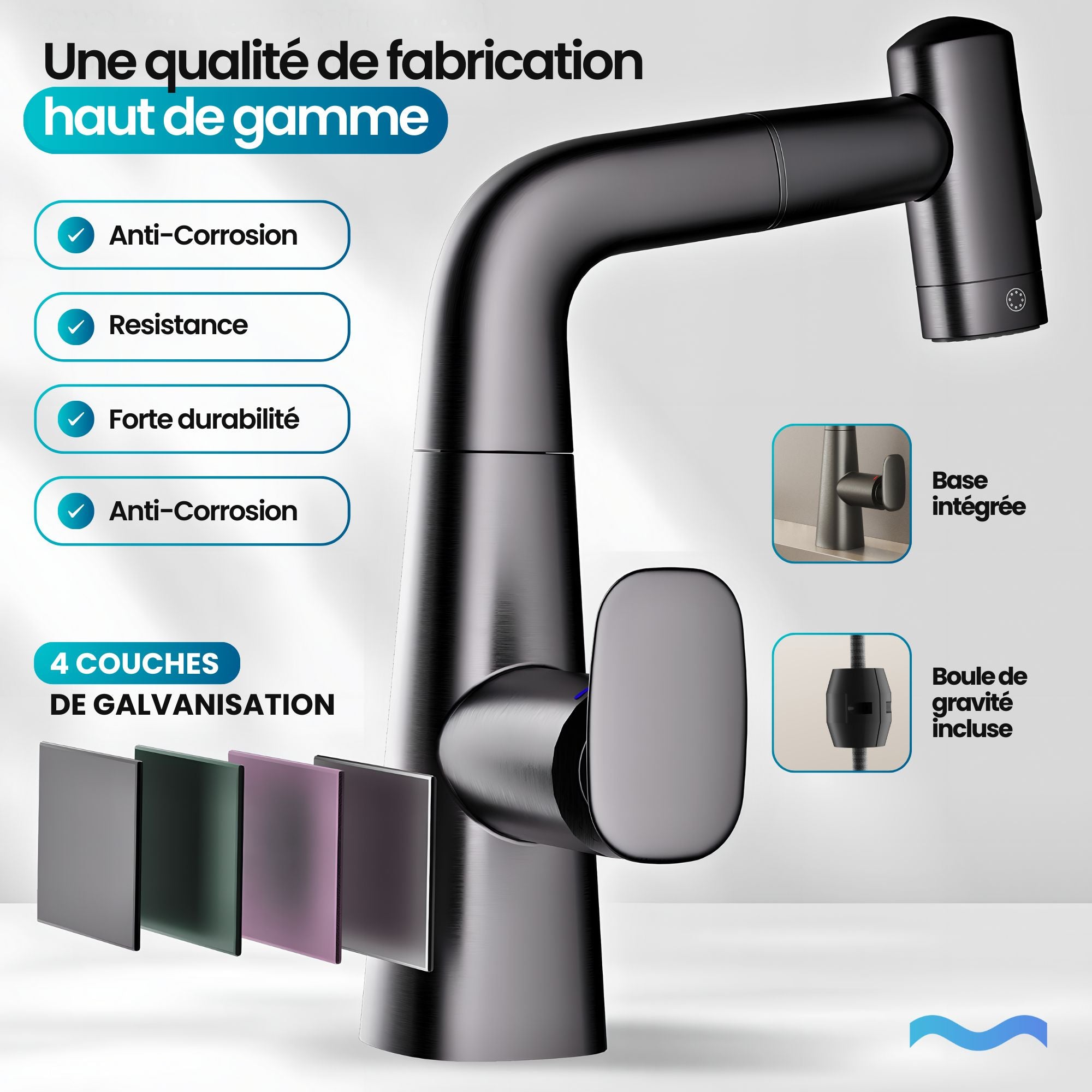Robinet multifonction salle de bain gris métallisé : Robinet de cuisine et de salle de bain moderne à arc élevé gris métallisé brossé avec base intégrée.