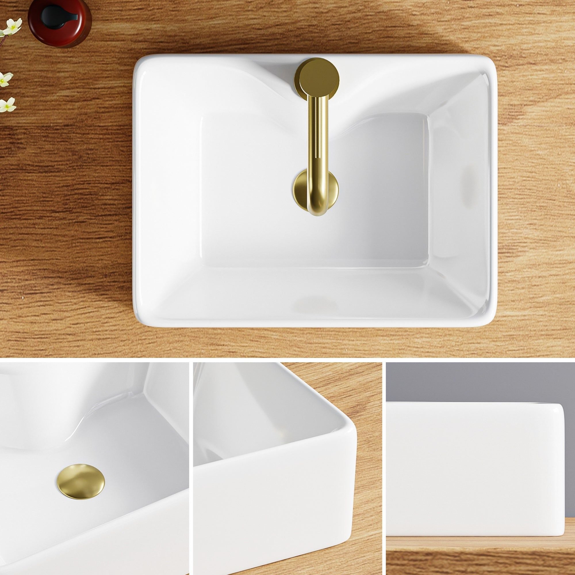 Vasque rectangulaire en céramique blanche (40x30cm), lavabo de salle de bain moderne avec bonde et robinet dorés