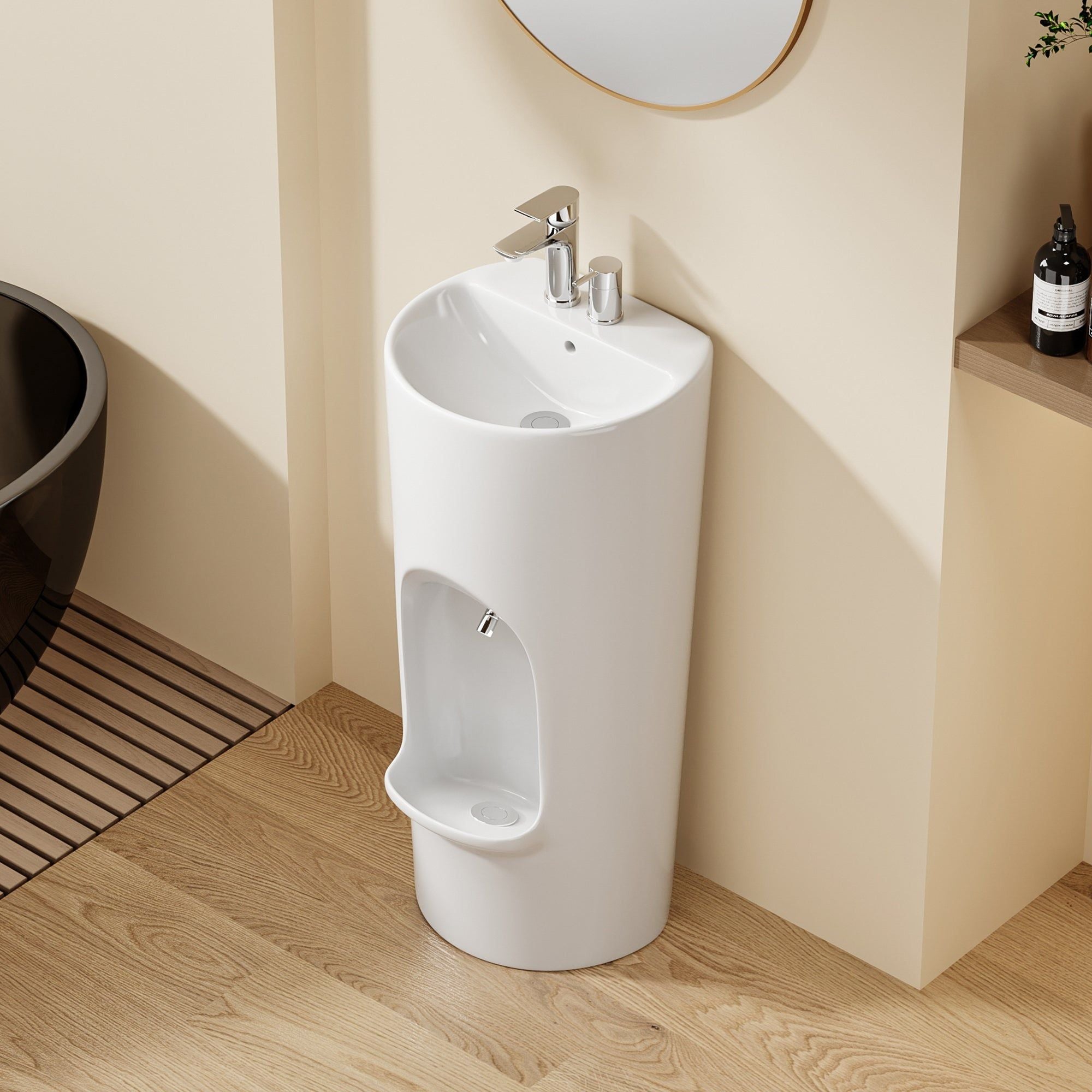 Lavabo d'ablutions Riyad blanc en céramique, design rond et compact, avec robinetterie chromée.