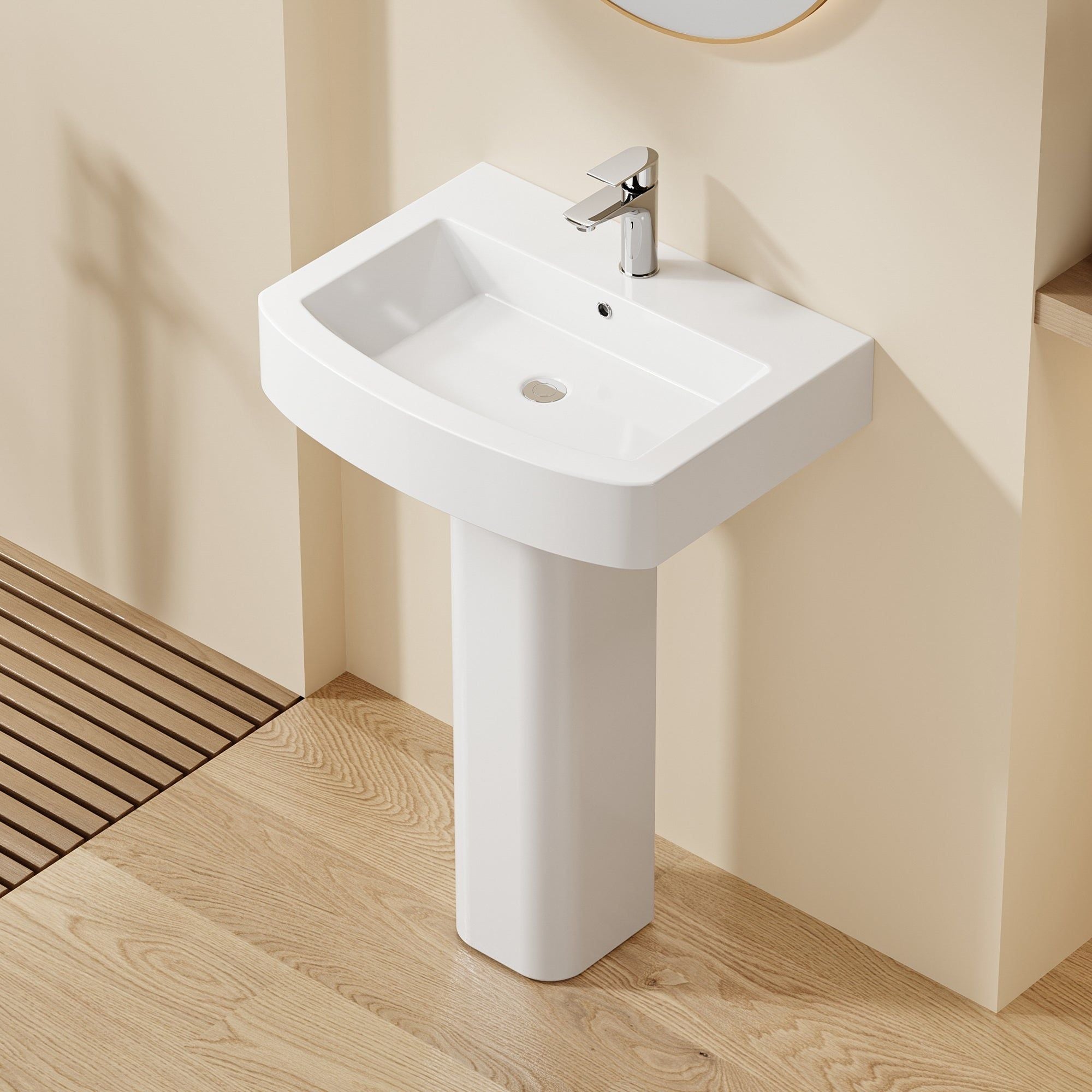 Lavabo colonne blanc en céramique, design carré arrondi, pour salle de bain moderne